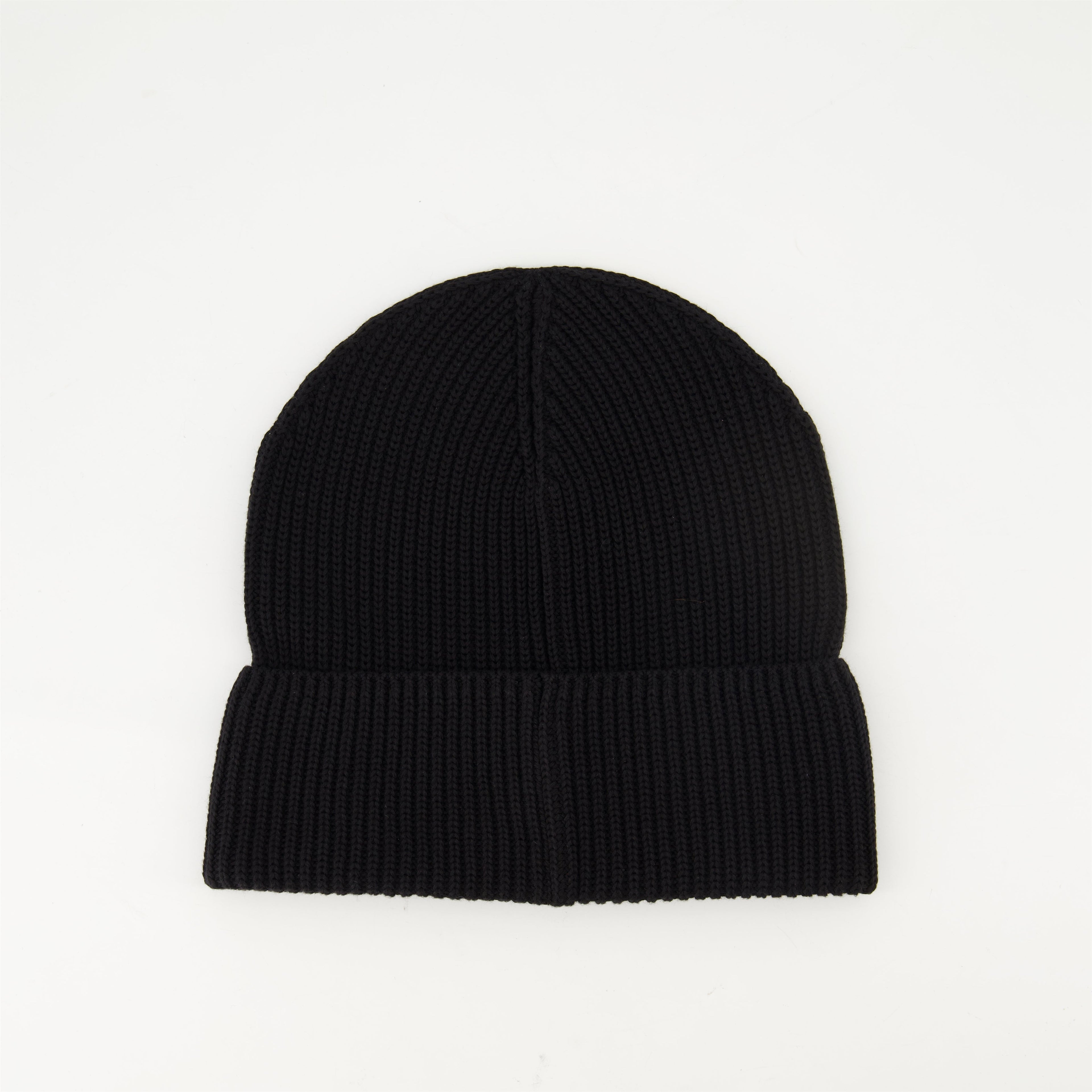 black knit bonnet, Moncler logo, Spring-Summer 2025, ribbed cotton accessory, stylish headwear