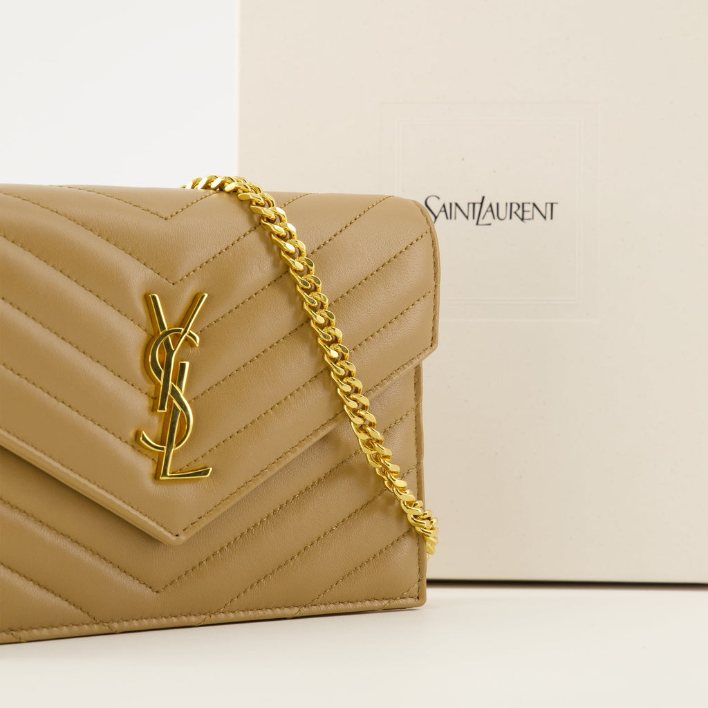 Saint Laurent, Chain Wallet, Beige Wallet, Luxury Accessories, Lambskin Leather