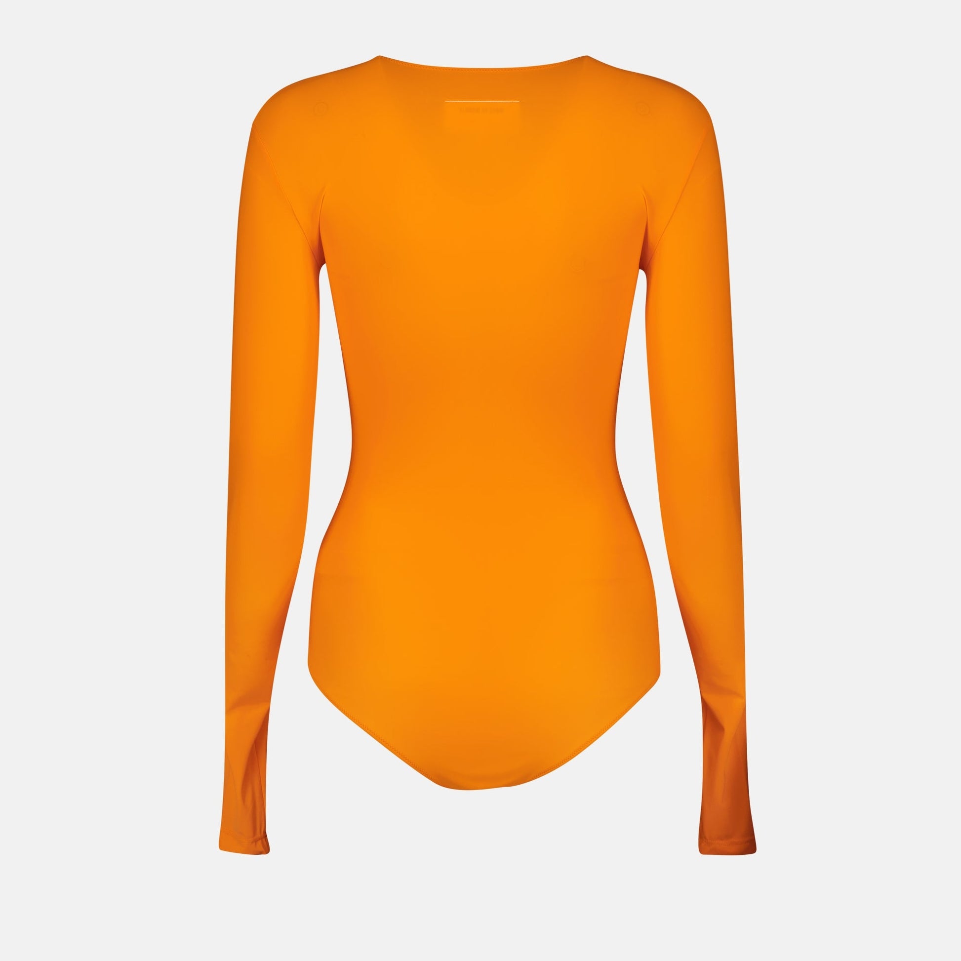 MM6 body suit, orange long sleeve, Lycra clothing, Spring-Summer 2025, designer body suit