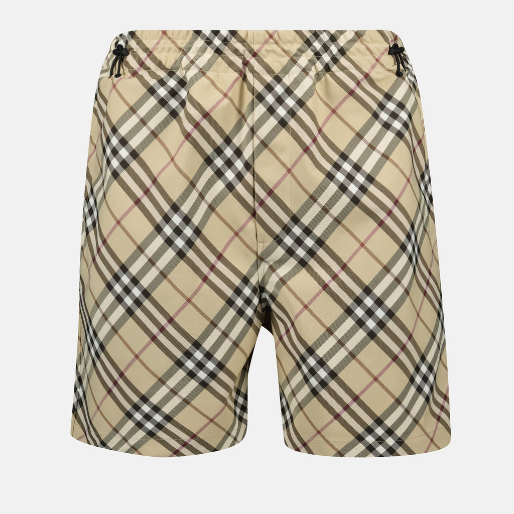 beige checked shorts, Burberry shorts, men's shorts, vintage check shorts, polyester shorts