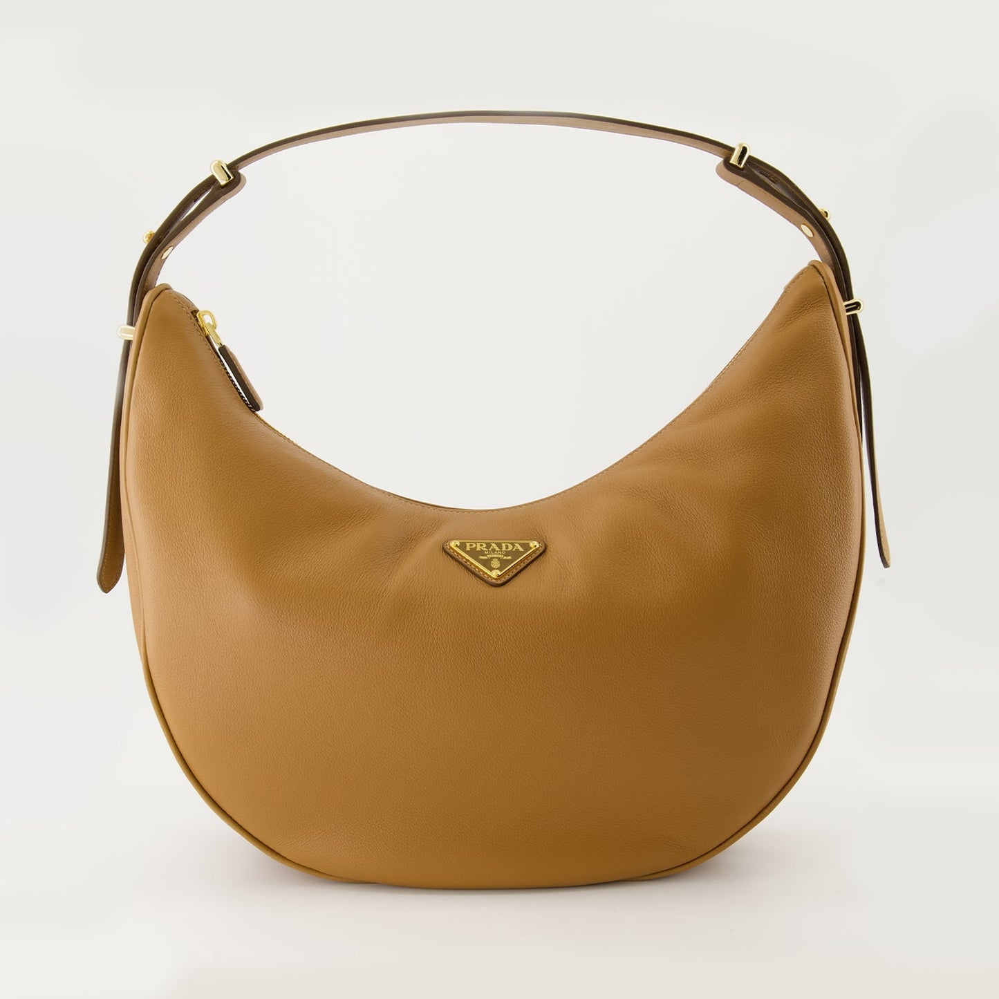 Prada bag, camel leather bag, round shoulder bag, luxury accessory, Autumn-Winter 2024