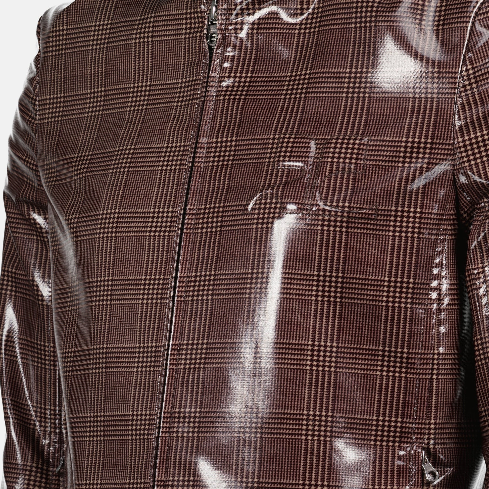 vinyl jacket, checked jacket, marron bordeaux jacket, AC logo jacket, double zip jacket