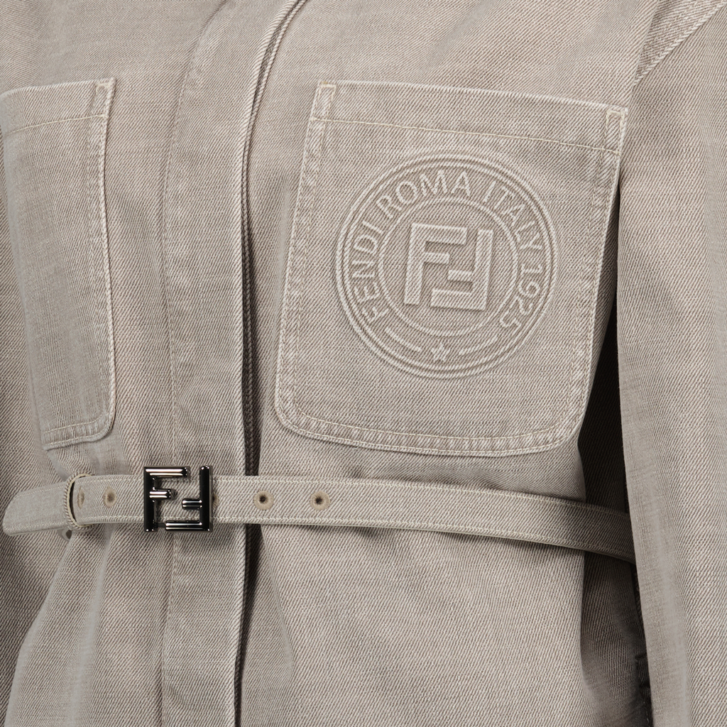 Fendi grey denim jacket, fitted denim jacket, classic collar jacket, Fendi clothing, Spring-Summer 2025 collection