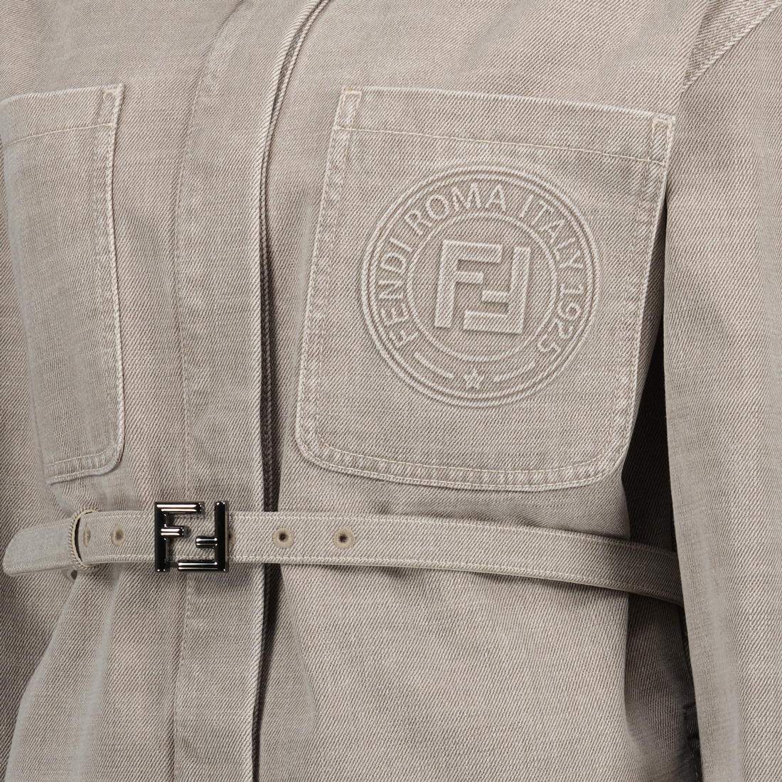Fendi grey denim jacket, fitted denim jacket, classic collar jacket, Fendi clothing, Spring-Summer 2025 collection