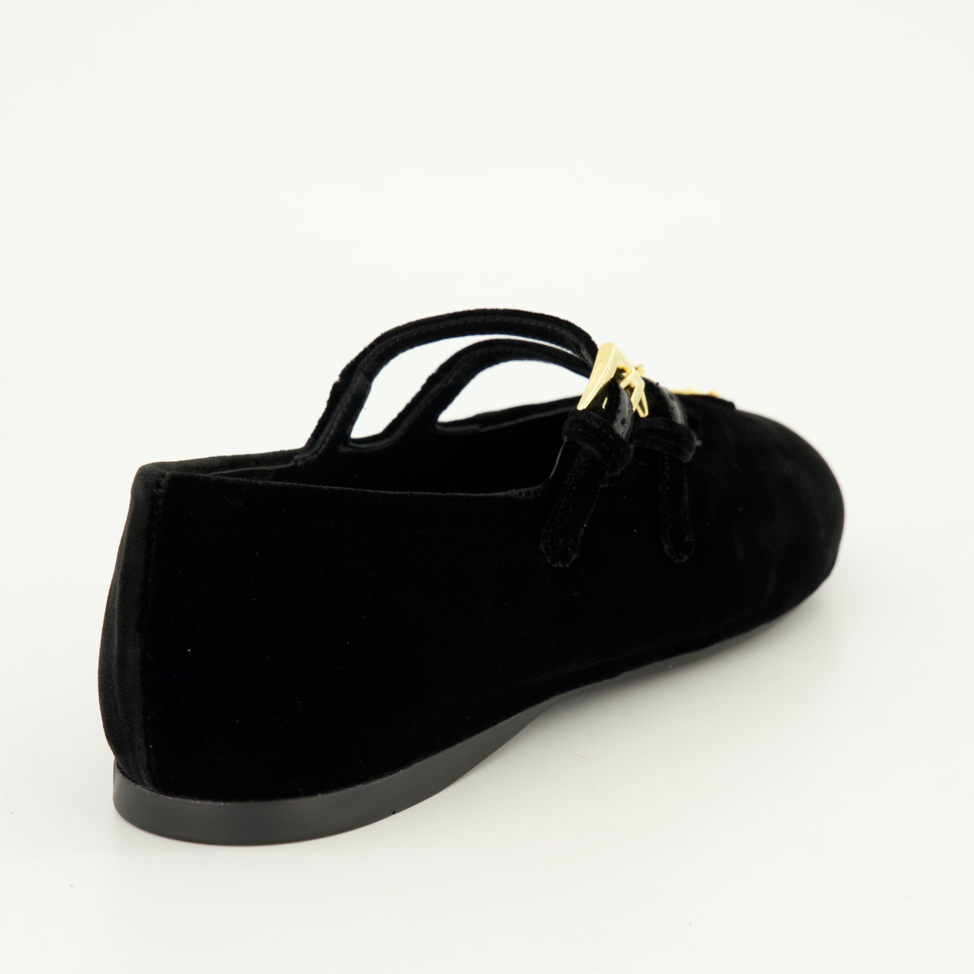 black velvet ballerinas, adjustable straps, metal logo detail, Prada collection, almond toe design