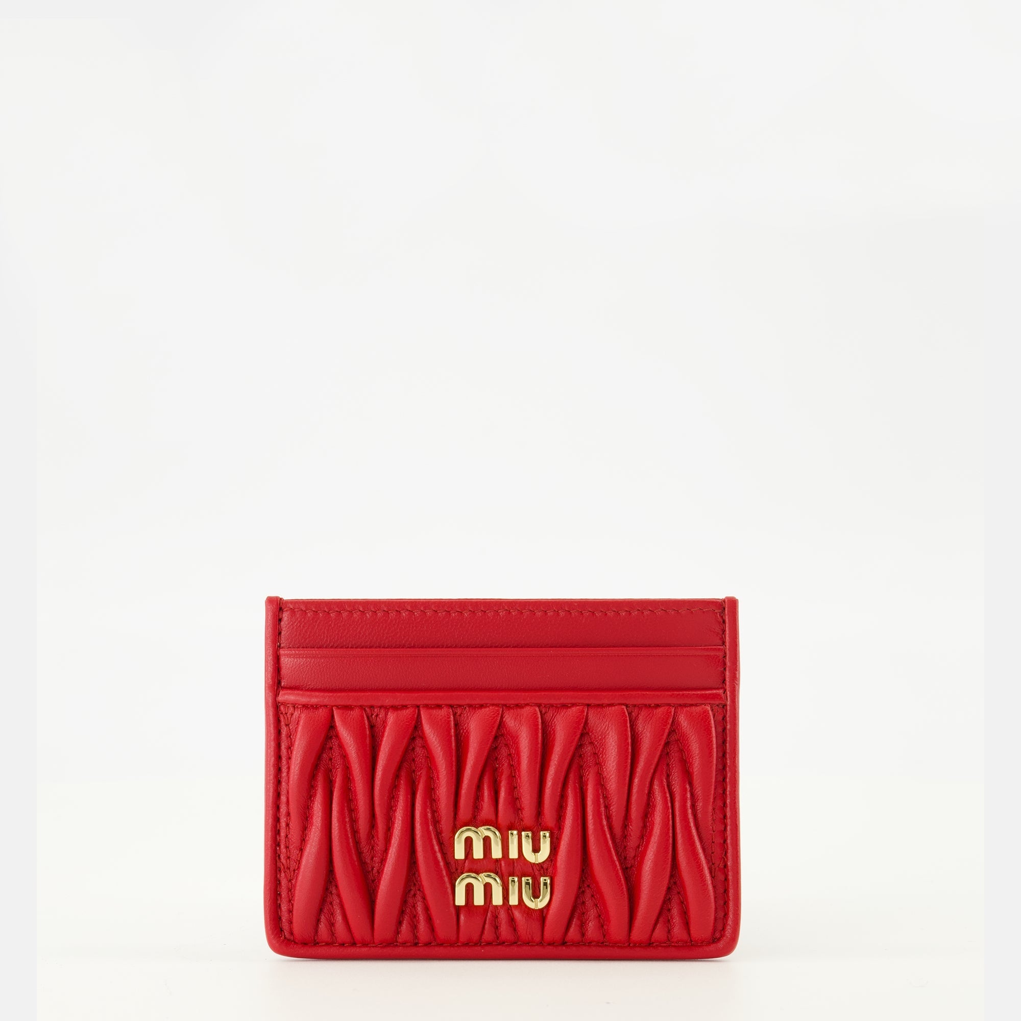 quilted leather card holder, Miu Miu accessories, red leather wallet, spring summer 2026, luxury leather goods