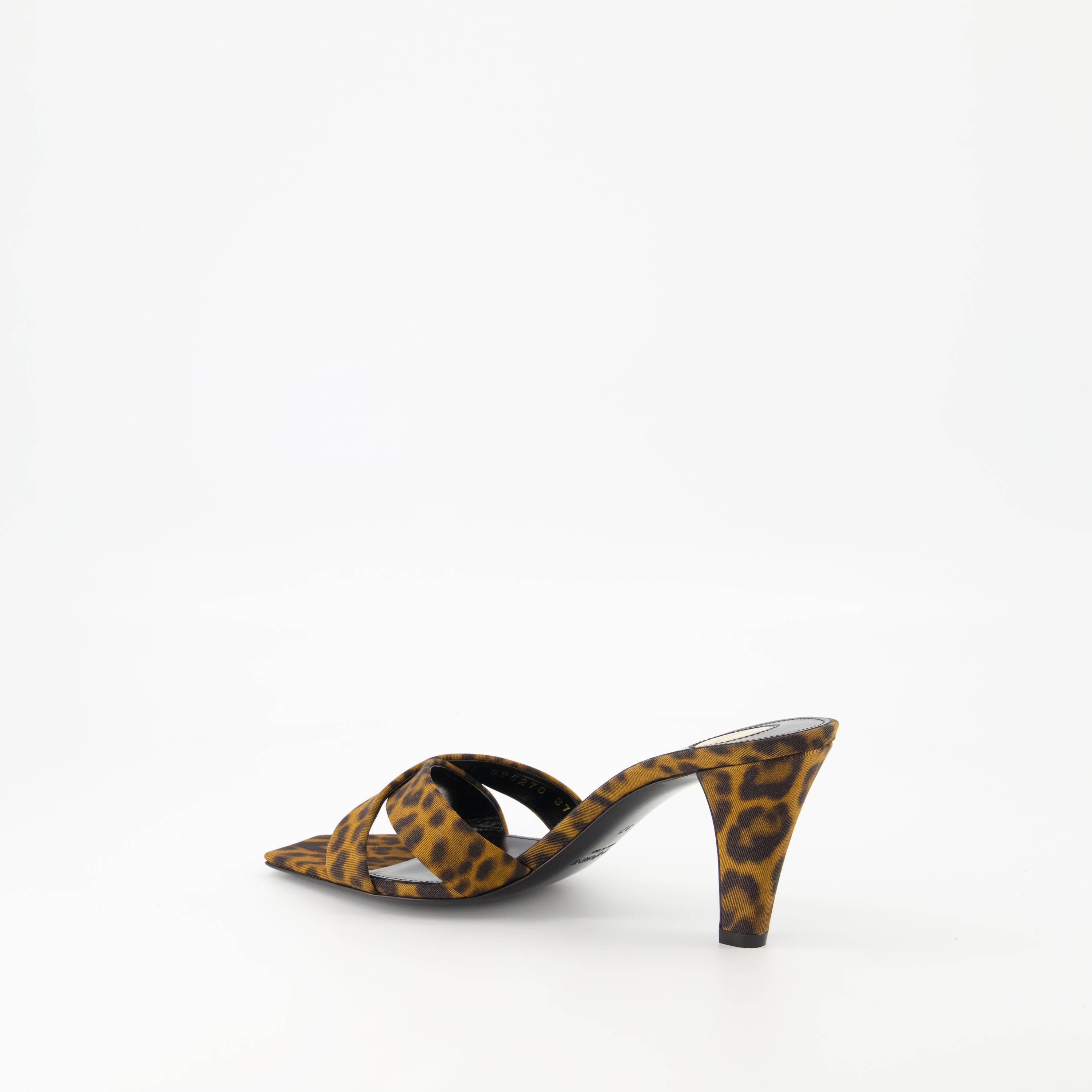 Image of Jill Leopard Print Heeled Sandals by Saint Laurent for Women - Season Spring-Summer 2025 - Back Right Three-Quarter View