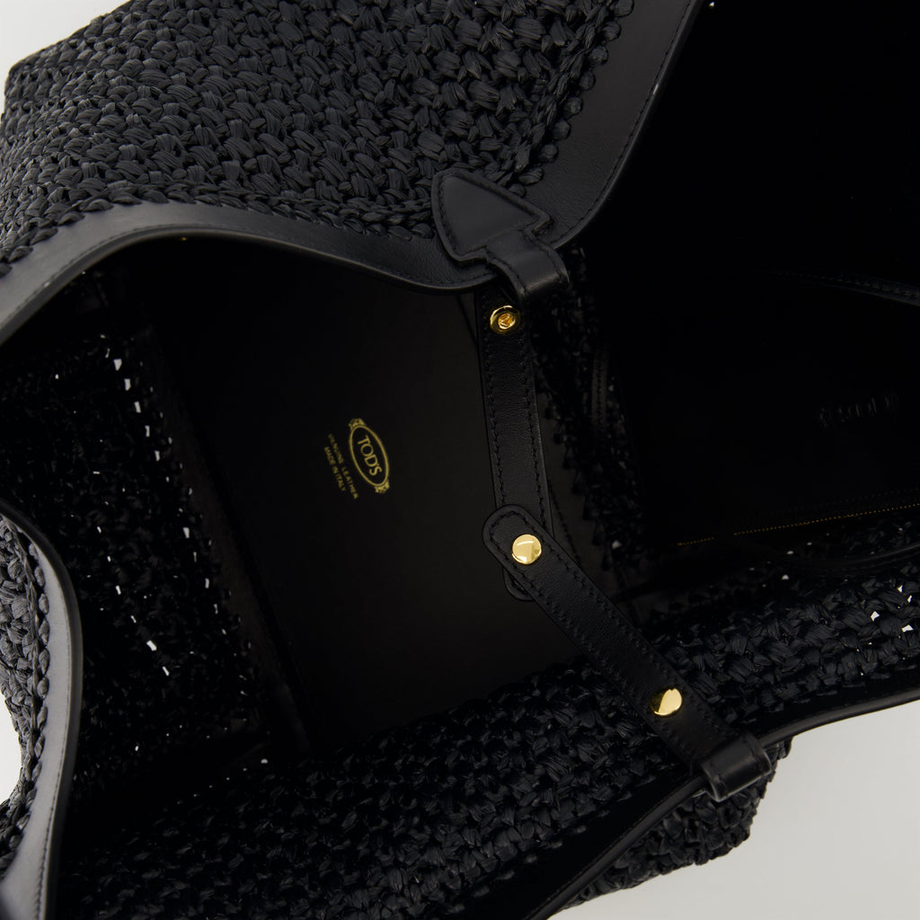 black raffia cabas, T Timeless bag, leather and raffia tote, Tod's accessories, stylish handbags