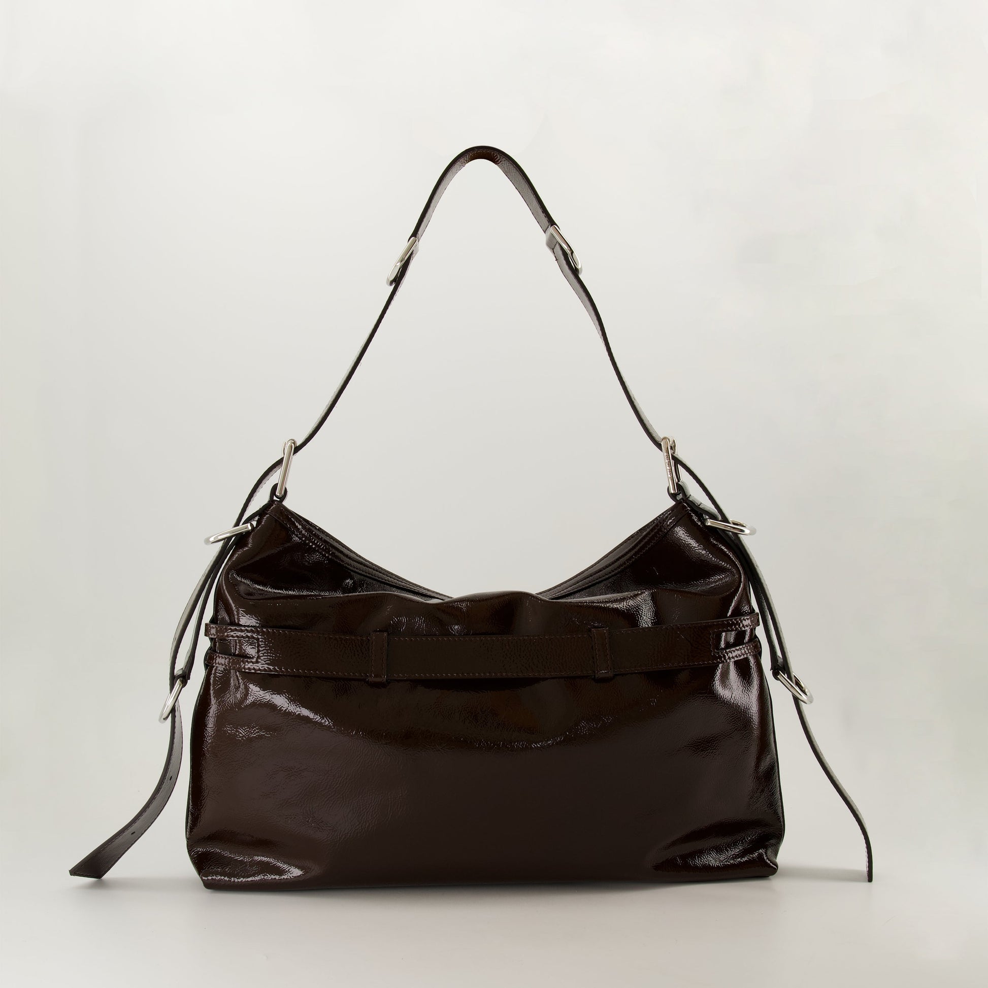 patent leather bag, adjustable shoulder strap, silver-tone accents, Givenchy bag, V-shape design