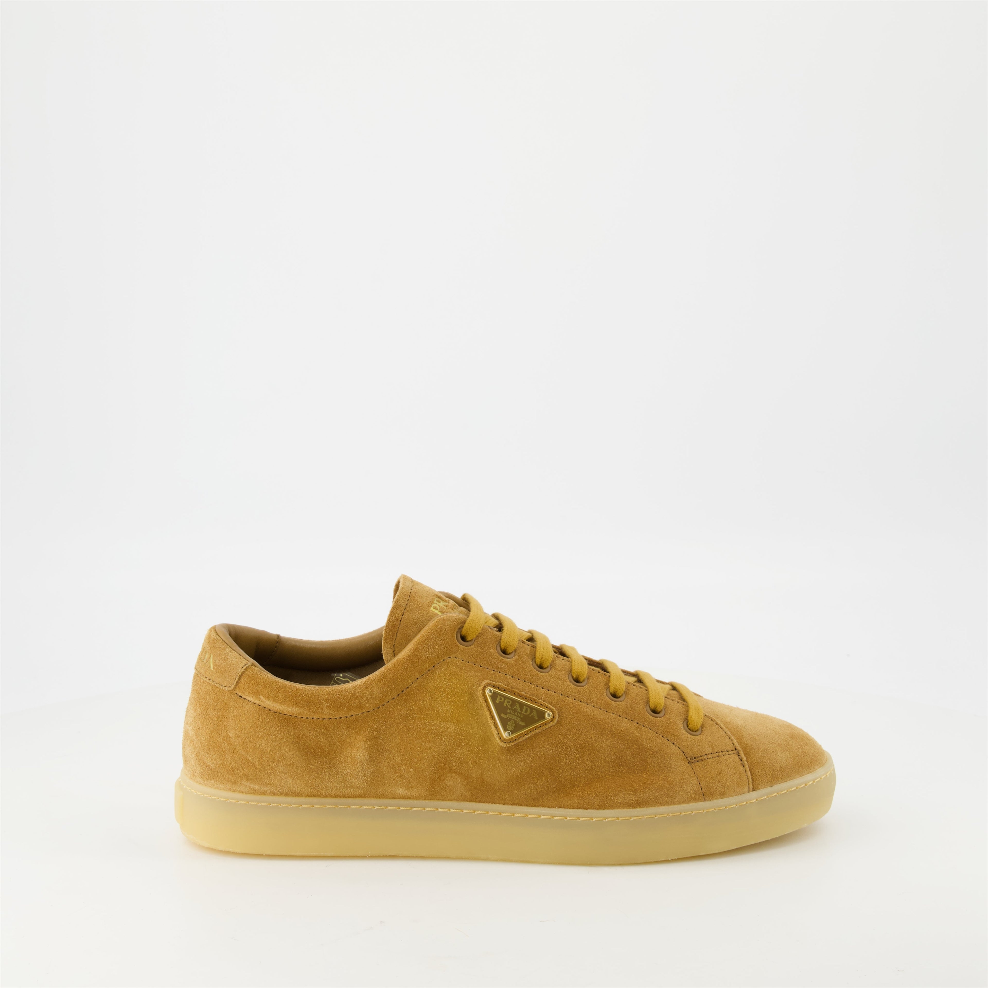 Prada Downtown sneakers, suede sneakers, brown sneakers, casual footwear, luxury sneakers