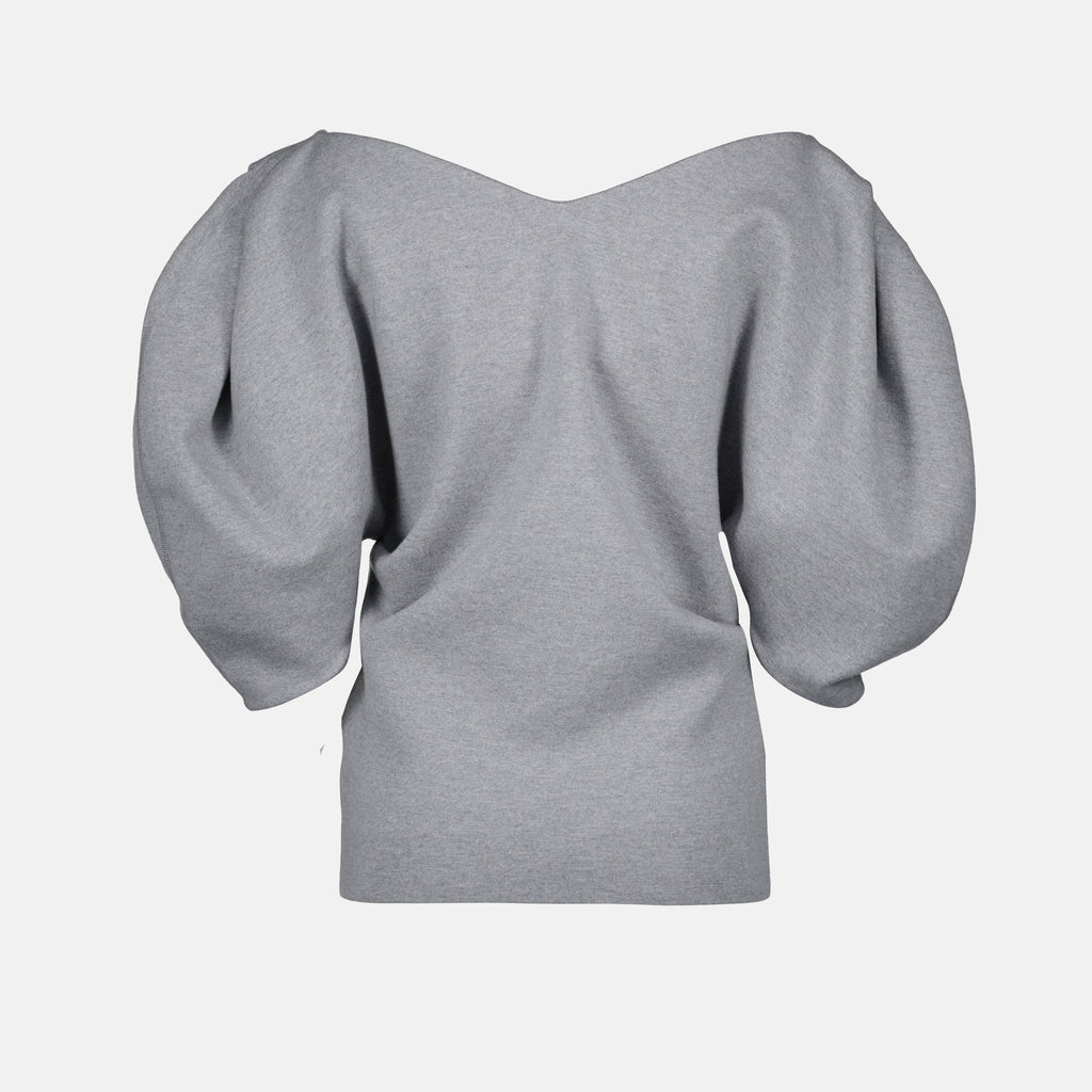 Khaite Top Venus, grey wool top, elegant women's top, ruffled neckline, puffed sleeves top