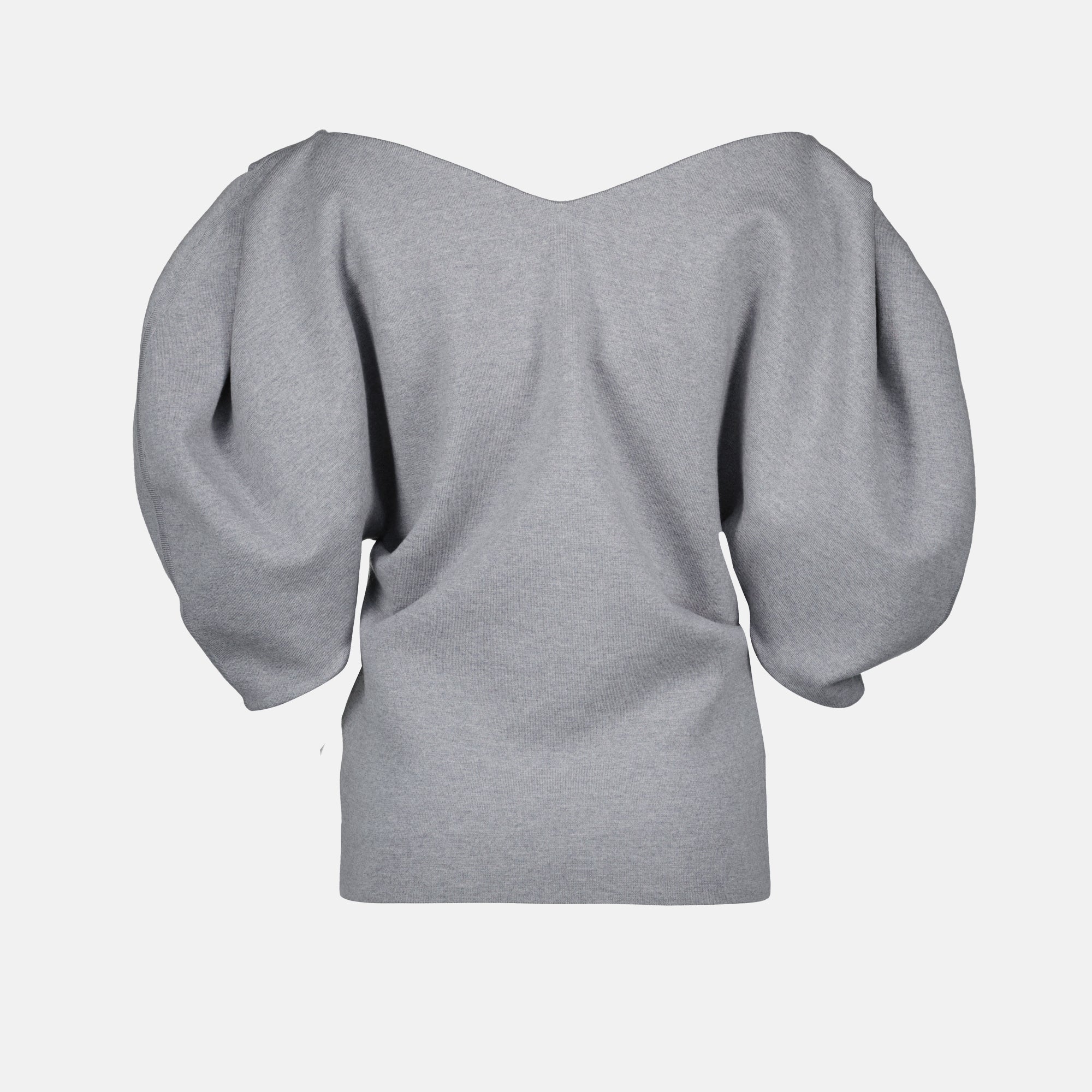 Khaite Top Venus, grey wool top, elegant women's top, ruffled neckline, puffed sleeves top