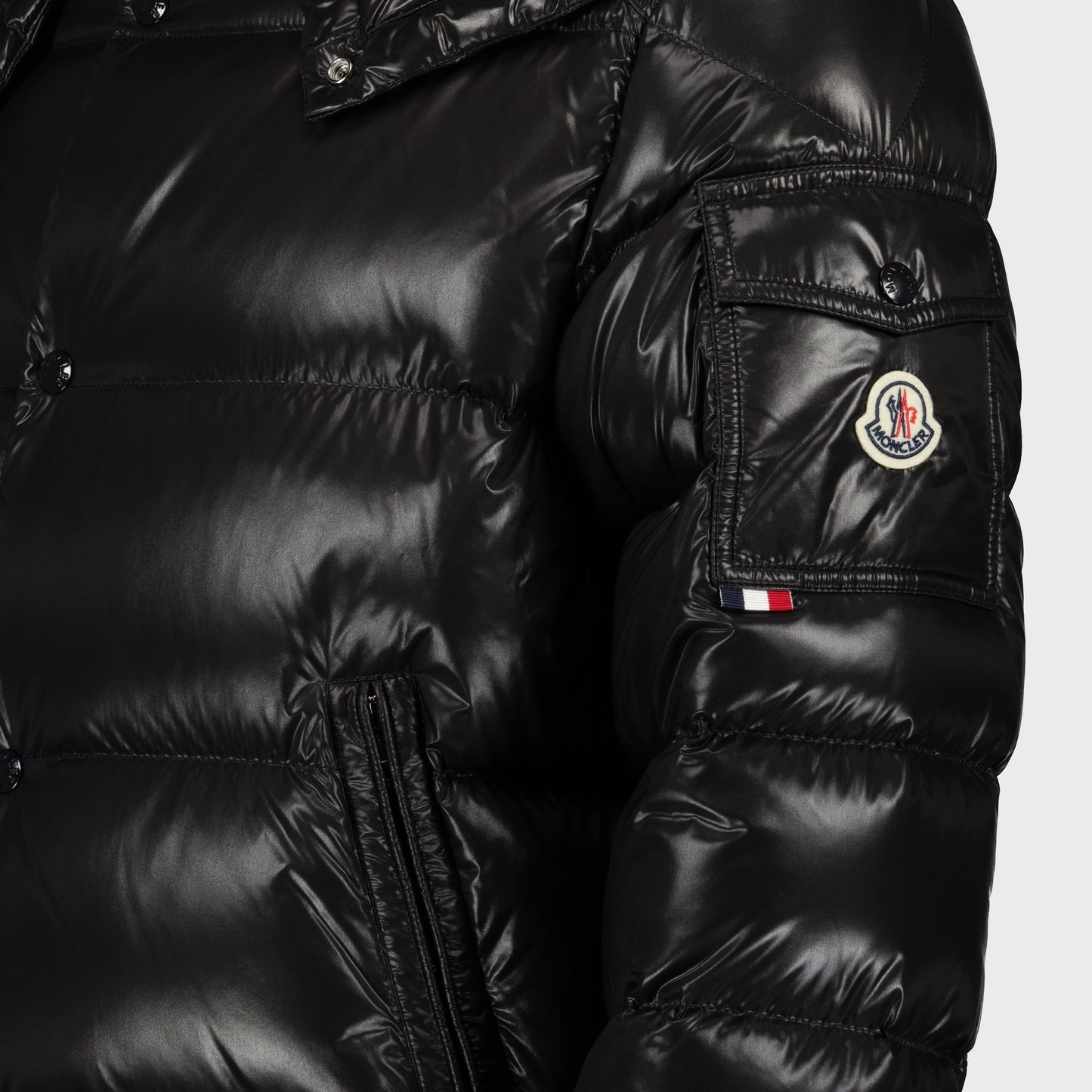 Black bomber jacket, Moncler jacket, Nylon outerwear, Winter fashion, Functional design