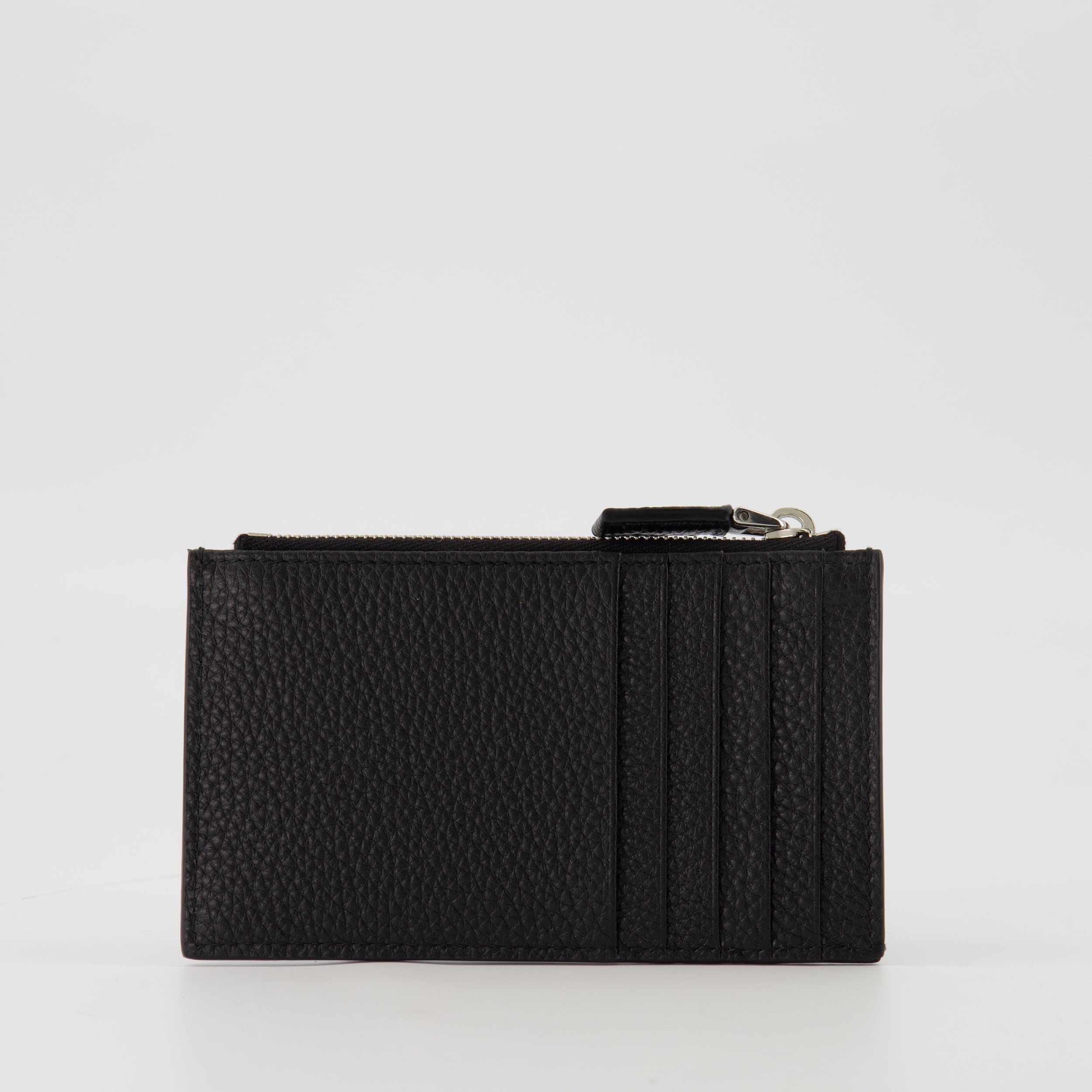 Prada card holder, black leather accessory, grained calf leather, zippered wallet, men's accessories