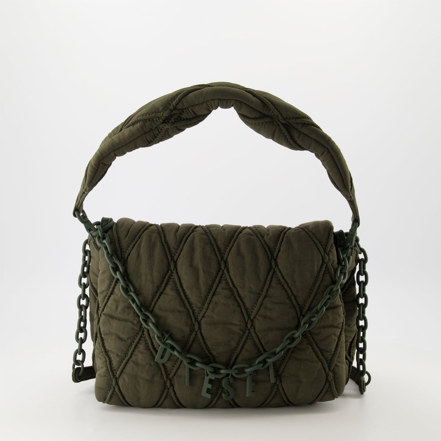 Charm-D bag, quilted nylon bag, Diesel accessory, khaki green handbag, designer bags