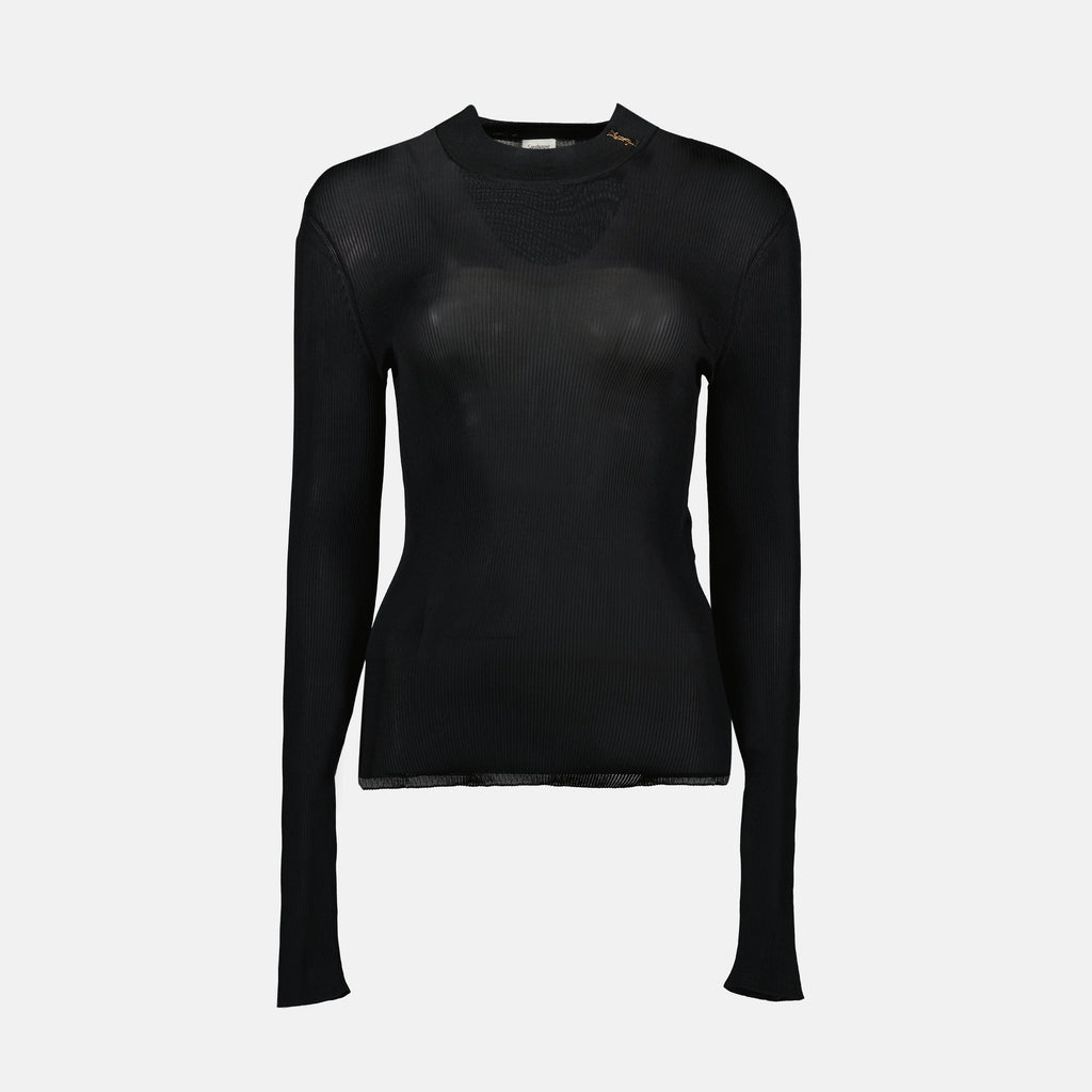 black wool sweater, Saint Laurent, Spring-Summer 2025, women's fashion, Cassandre logo
