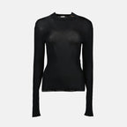 black wool sweater, Saint Laurent, Spring-Summer 2025, women's fashion, Cassandre logo