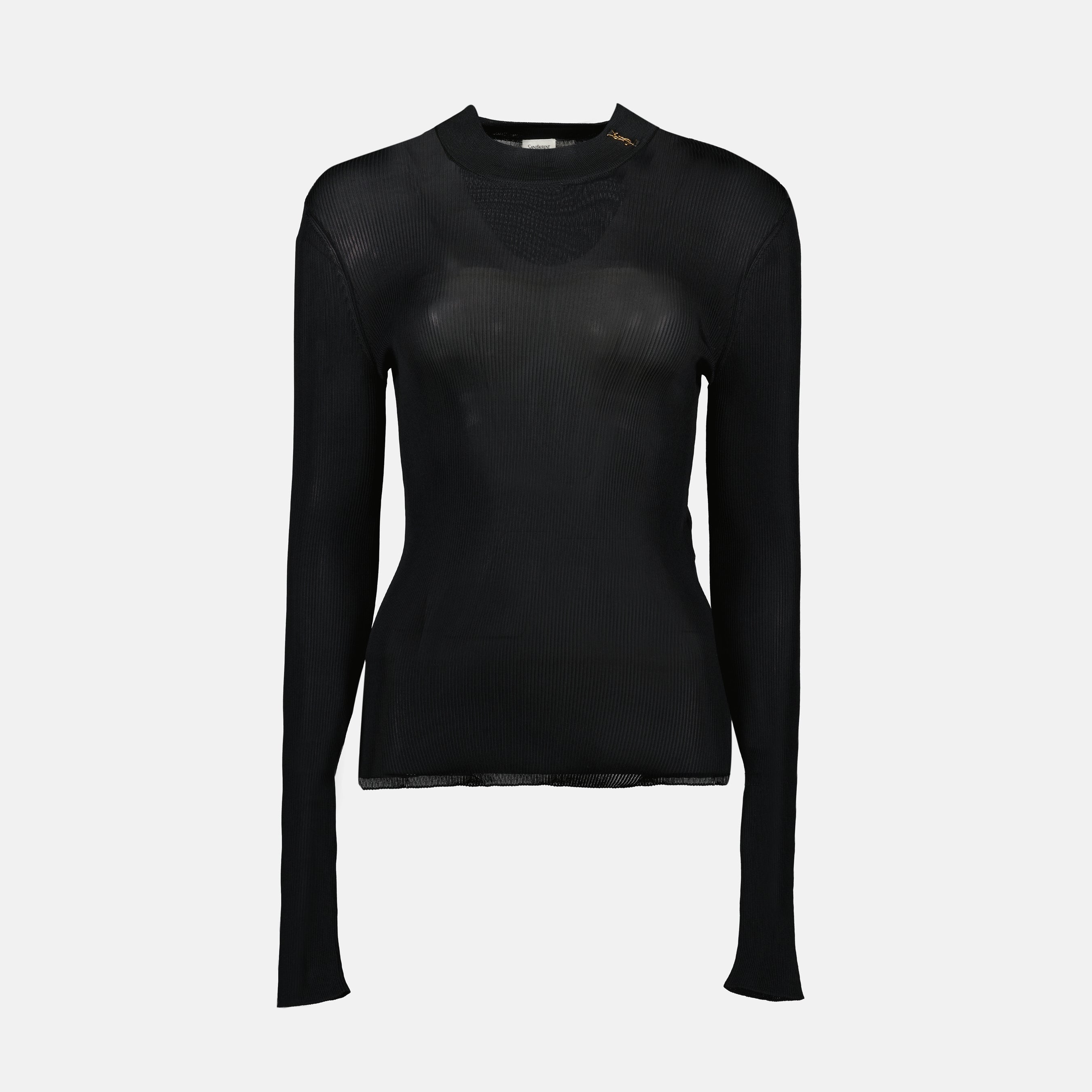 black wool sweater, Saint Laurent, Spring-Summer 2025, women's fashion, Cassandre logo