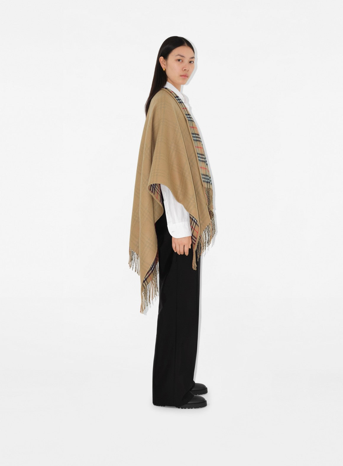 reversible wool cape, Burberry plaid cape, luxury outerwear, elegant cape, stylish layering piece