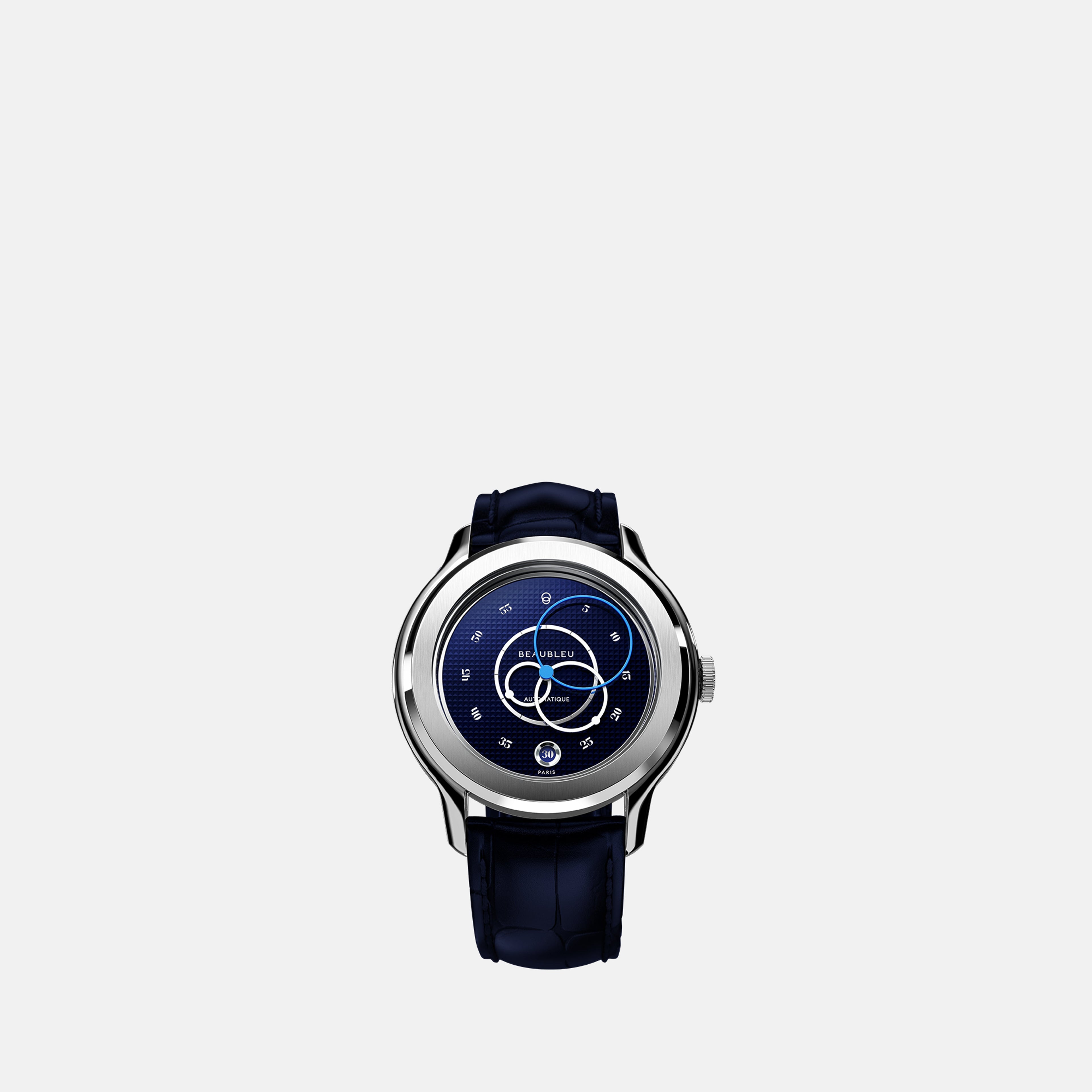 Ecce Smalt watch, Beaubleu timepiece, blue leather watch, stainless steel wristwatch, adjustable luxury watch