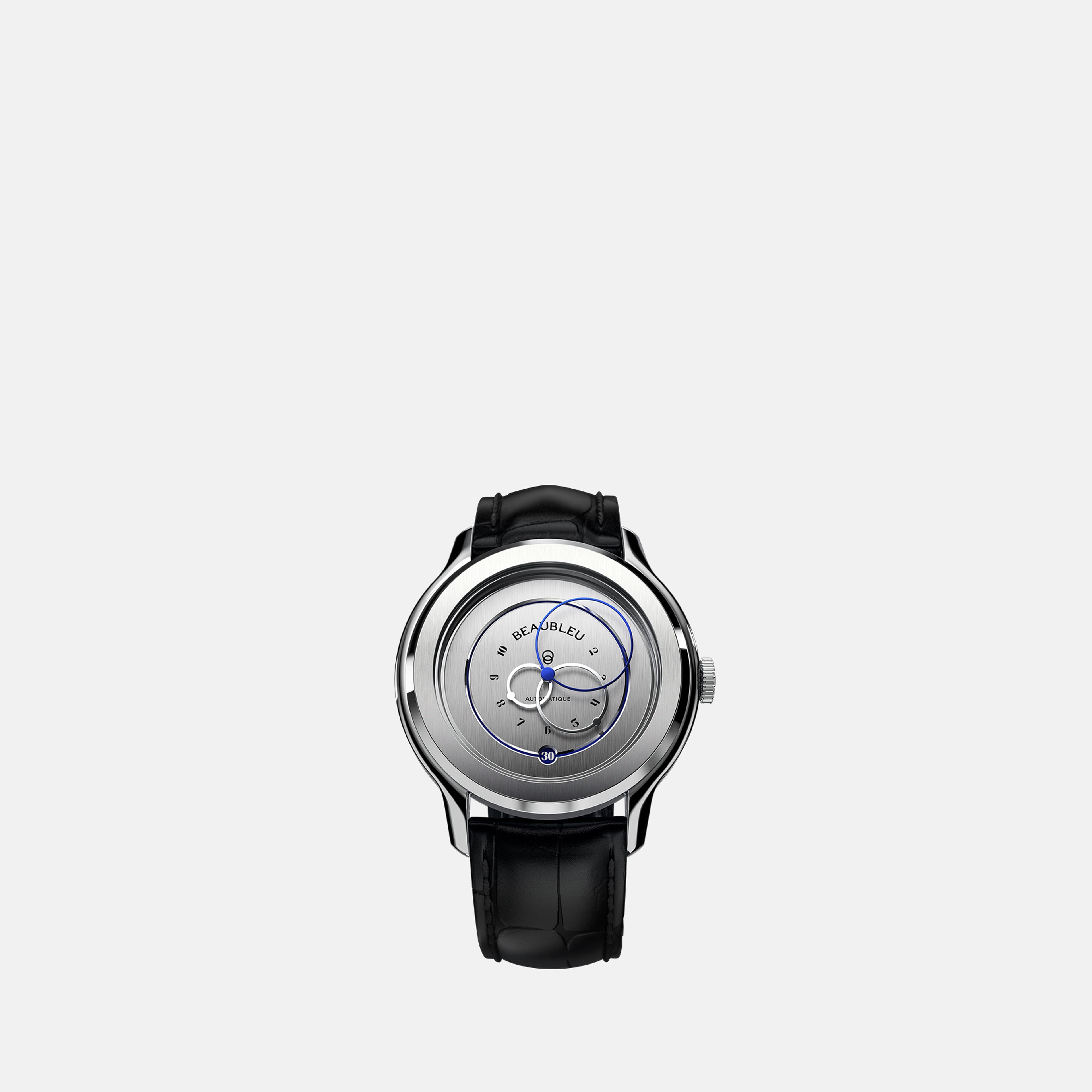 Beaubleu watch, Ecce Vesperal, stainless steel watch, black leather strap, modern design watch
