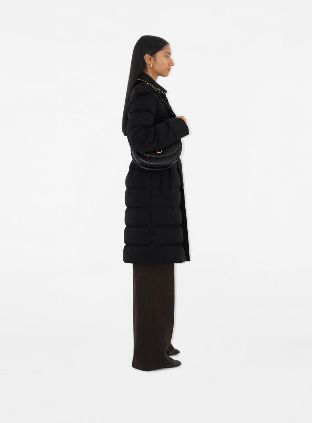 mid-length black jacket, nylon quilted jacket, Burberry Autumn-Winter 2024, polyester wool blend, long sleeve jacket