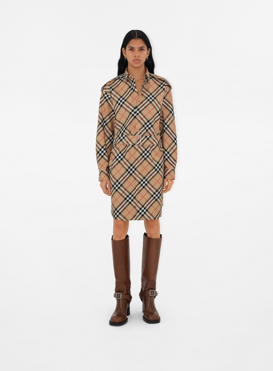 Burberry, plaid shirt dress, beige dress, luxury fashion, timeless elegance