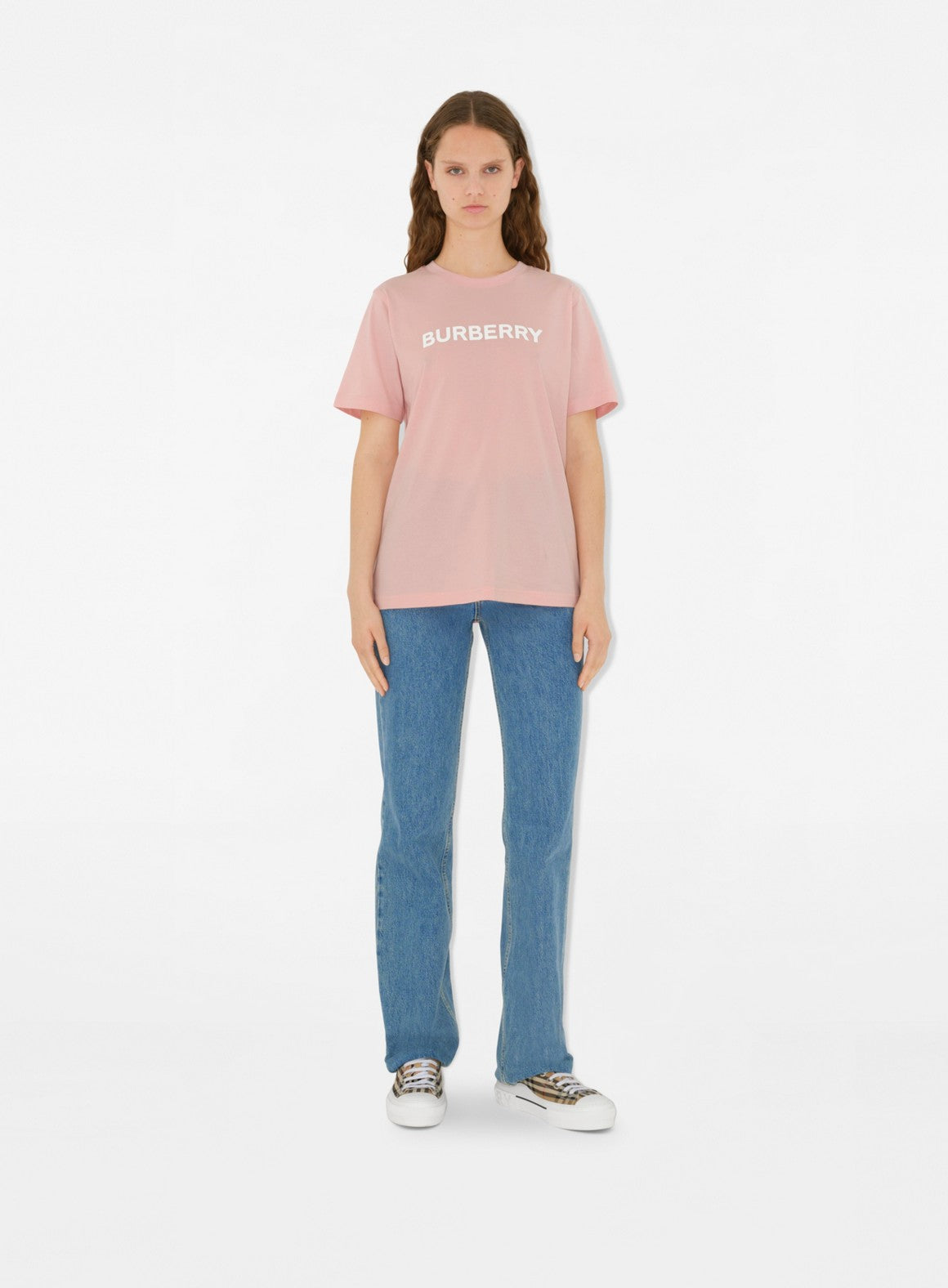 Burberry women's t-shirt, luxury logo t-shirt, pink designer t-shirt, high-end women's fashion, Burberry clothing