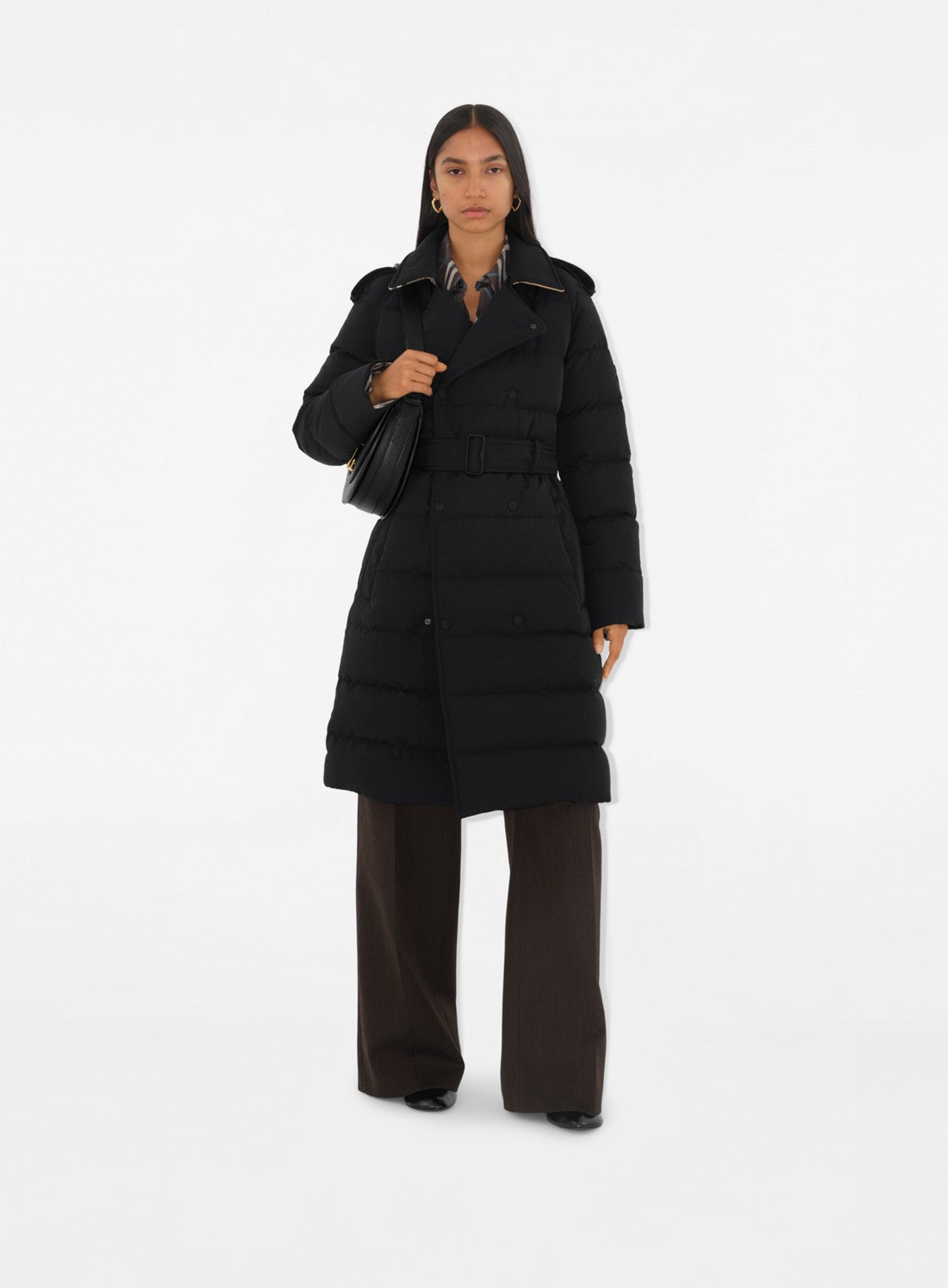 mid-length black jacket, nylon quilted jacket, Burberry Autumn-Winter 2024, polyester wool blend, long sleeve jacket