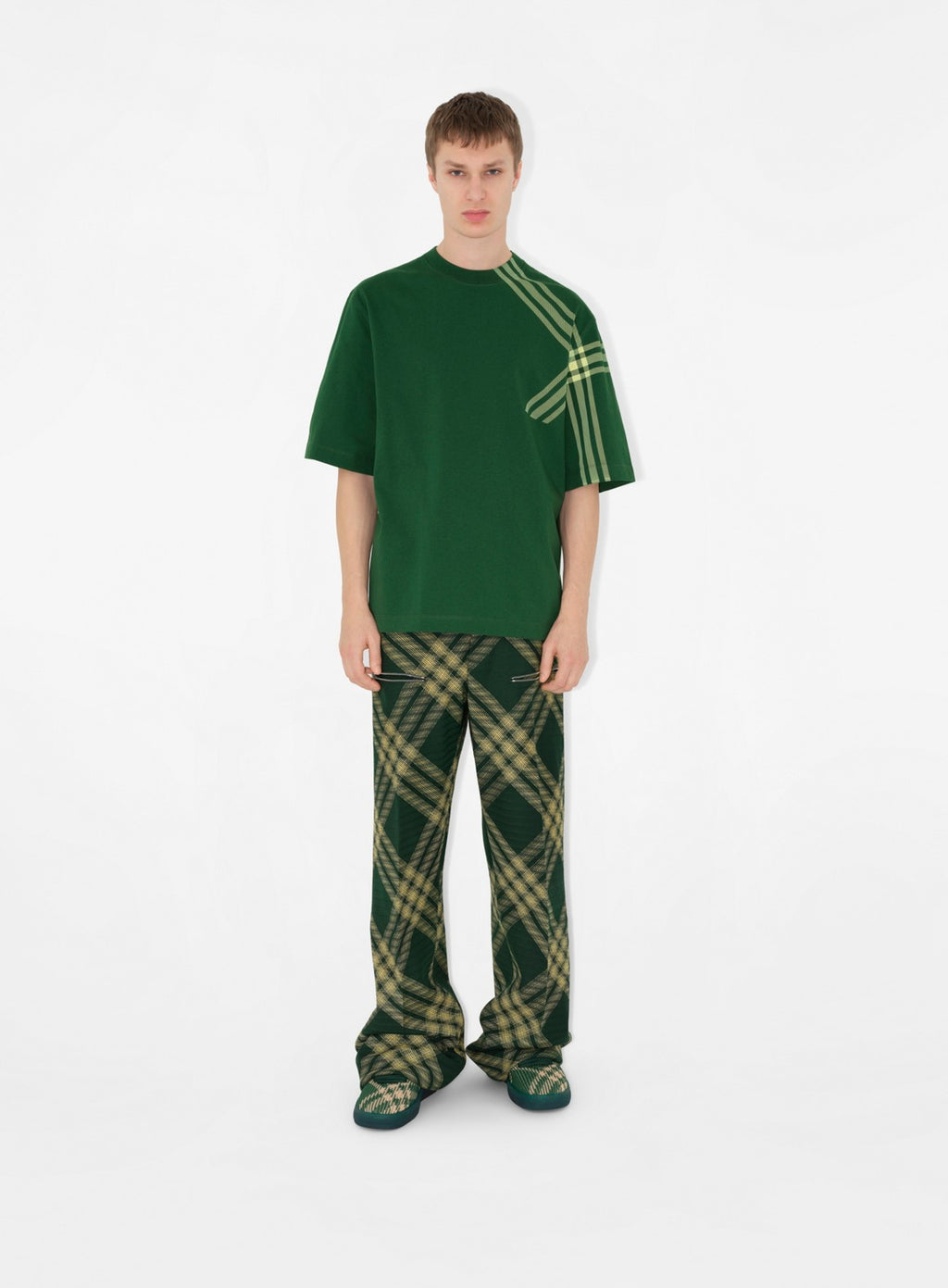 luxury T-shirt, Burberry graphic tee, green designer shirt, high-end casual wear, elegant men's fashion