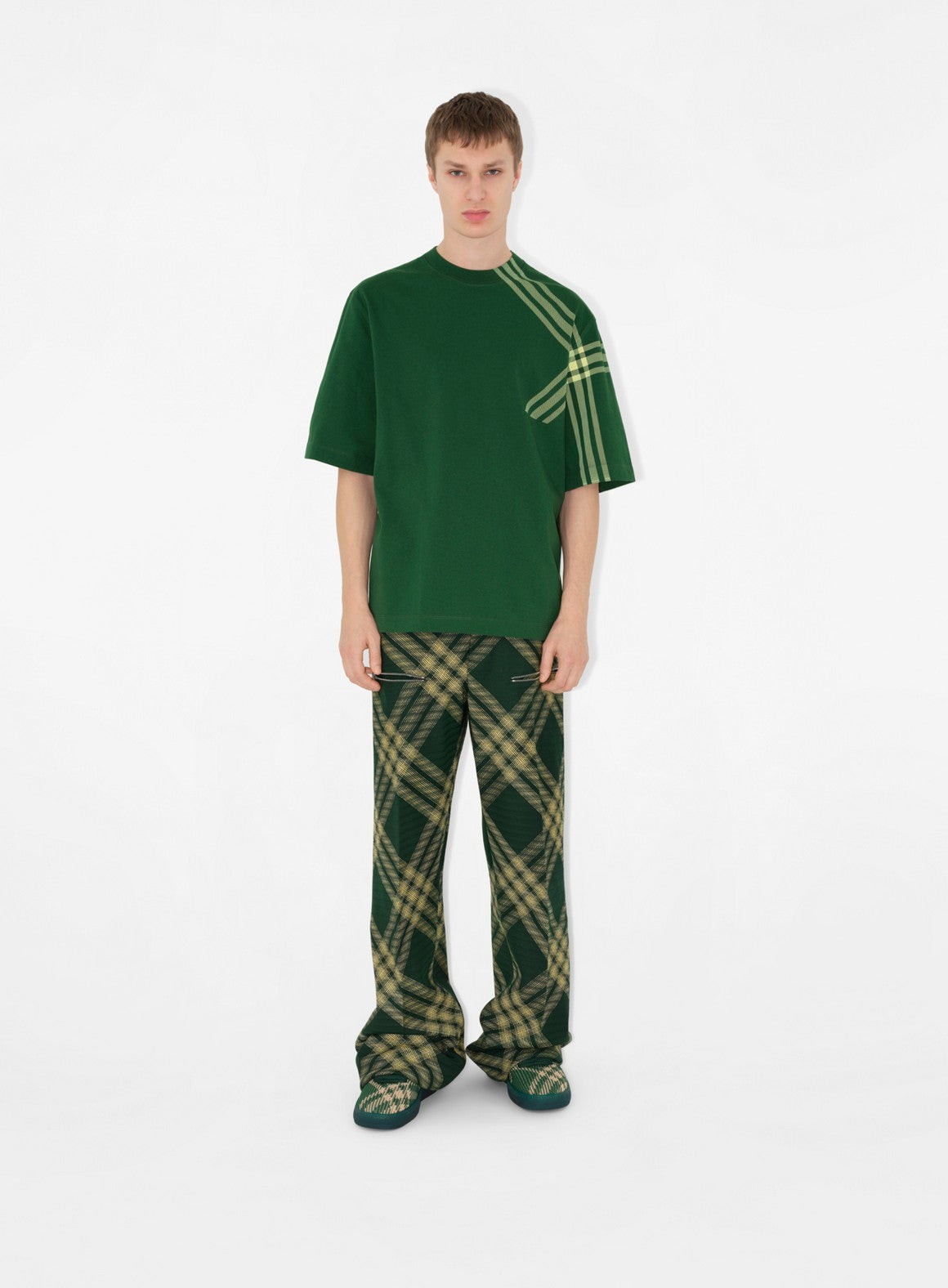 luxury T-shirt, Burberry graphic tee, green designer shirt, high-end casual wear, elegant men's fashion