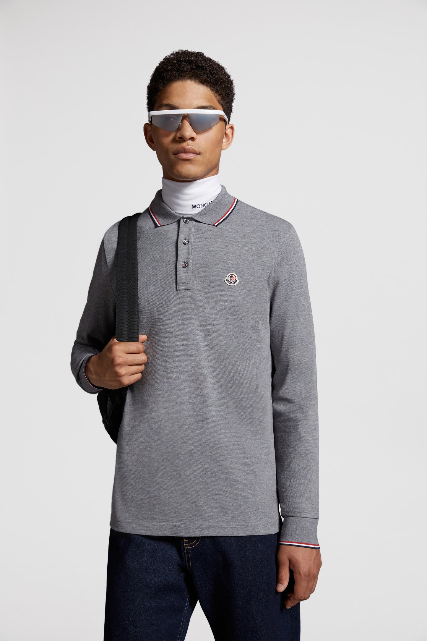 Moncler polo, long-sleeve polo, luxury men's polo, grey polo shirt, high-end fashion