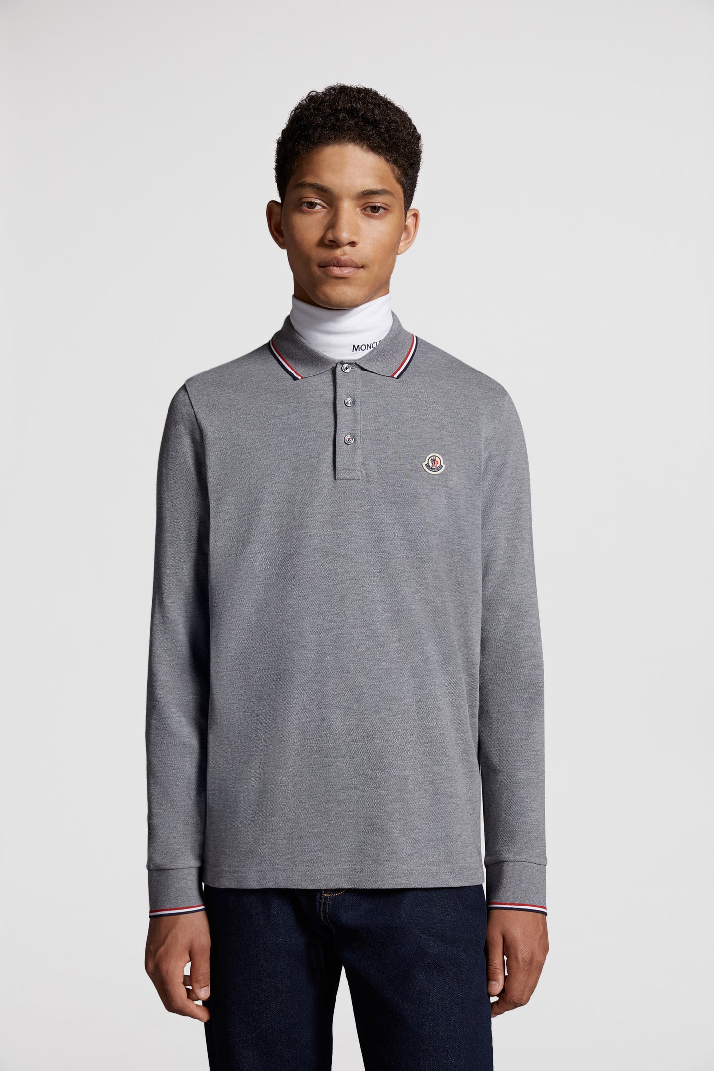 Moncler polo, long-sleeve polo, luxury men's polo, grey polo shirt, high-end fashion