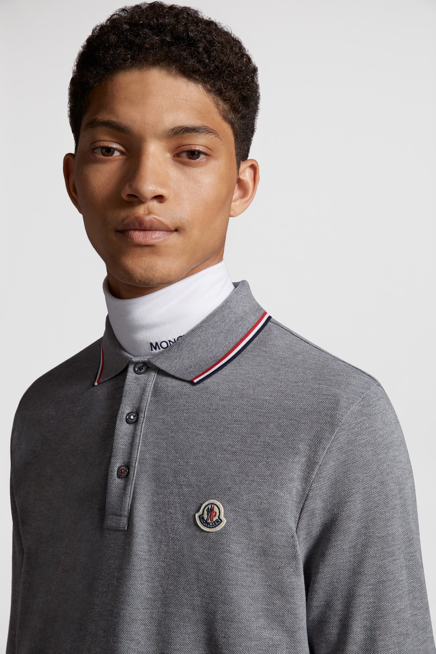 Moncler polo, long-sleeve polo, luxury men's polo, grey polo shirt, high-end fashion