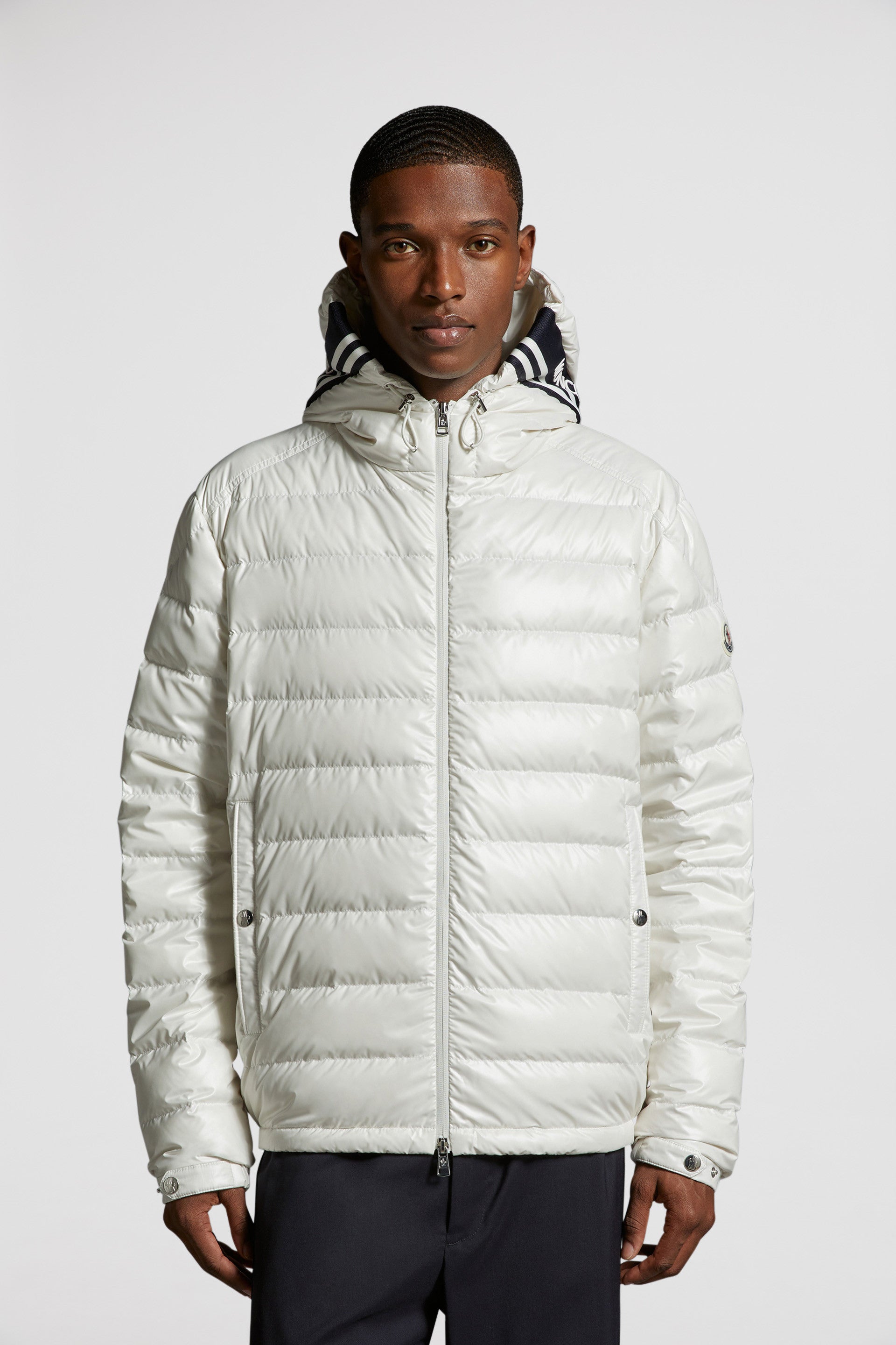 luxury down jacket, white nylon jacket, Moncler outerwear, designer winter jacket, high-end fashion