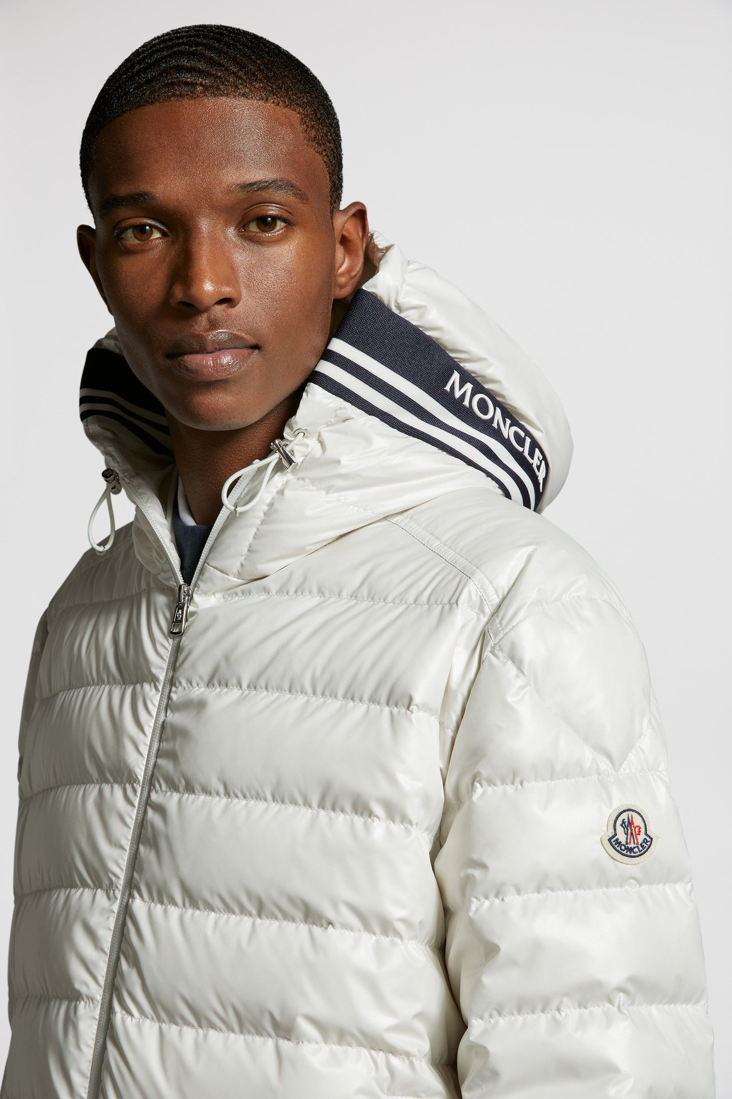 luxury down jacket, white nylon jacket, Moncler outerwear, designer winter jacket, high-end fashion