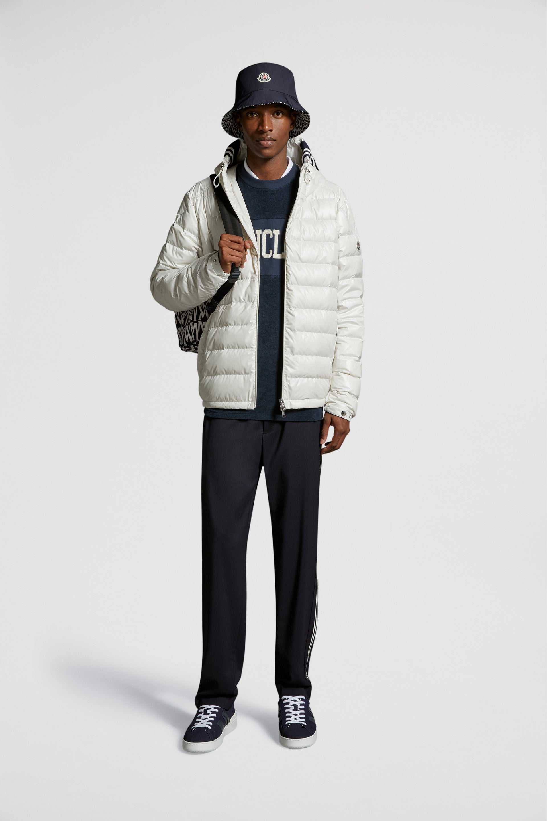 luxury down jacket, white nylon jacket, Moncler outerwear, designer winter jacket, high-end fashion