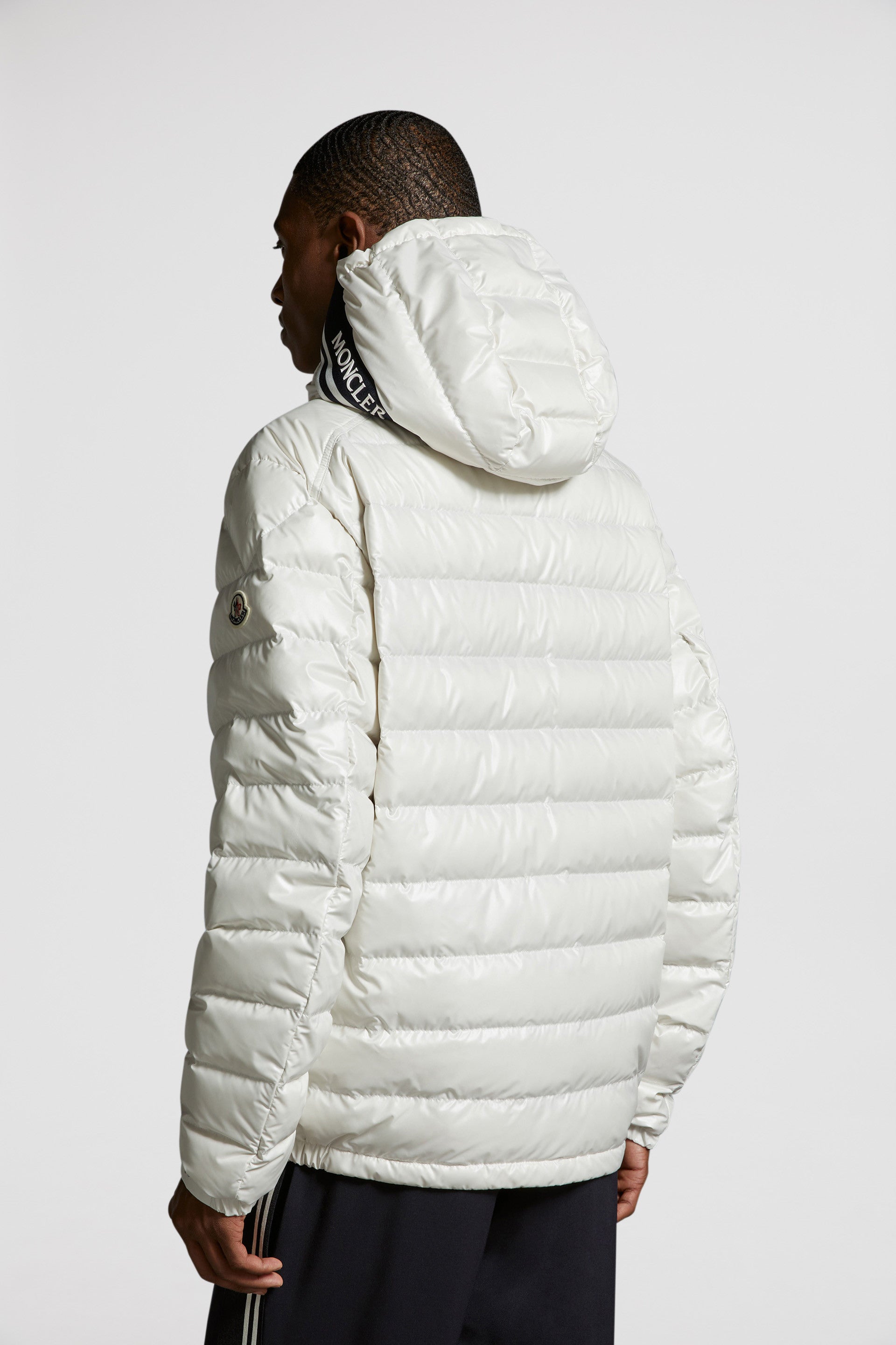 luxury down jacket, white nylon jacket, Moncler outerwear, designer winter jacket, high-end fashion