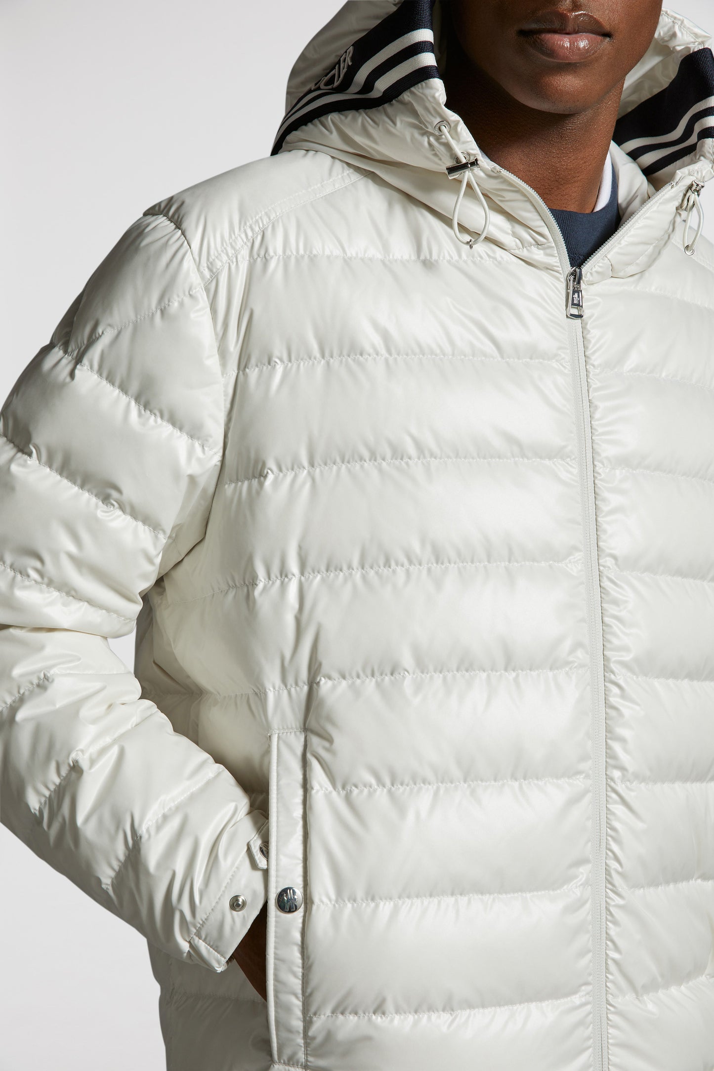 luxury down jacket, white nylon jacket, Moncler outerwear, designer winter jacket, high-end fashion