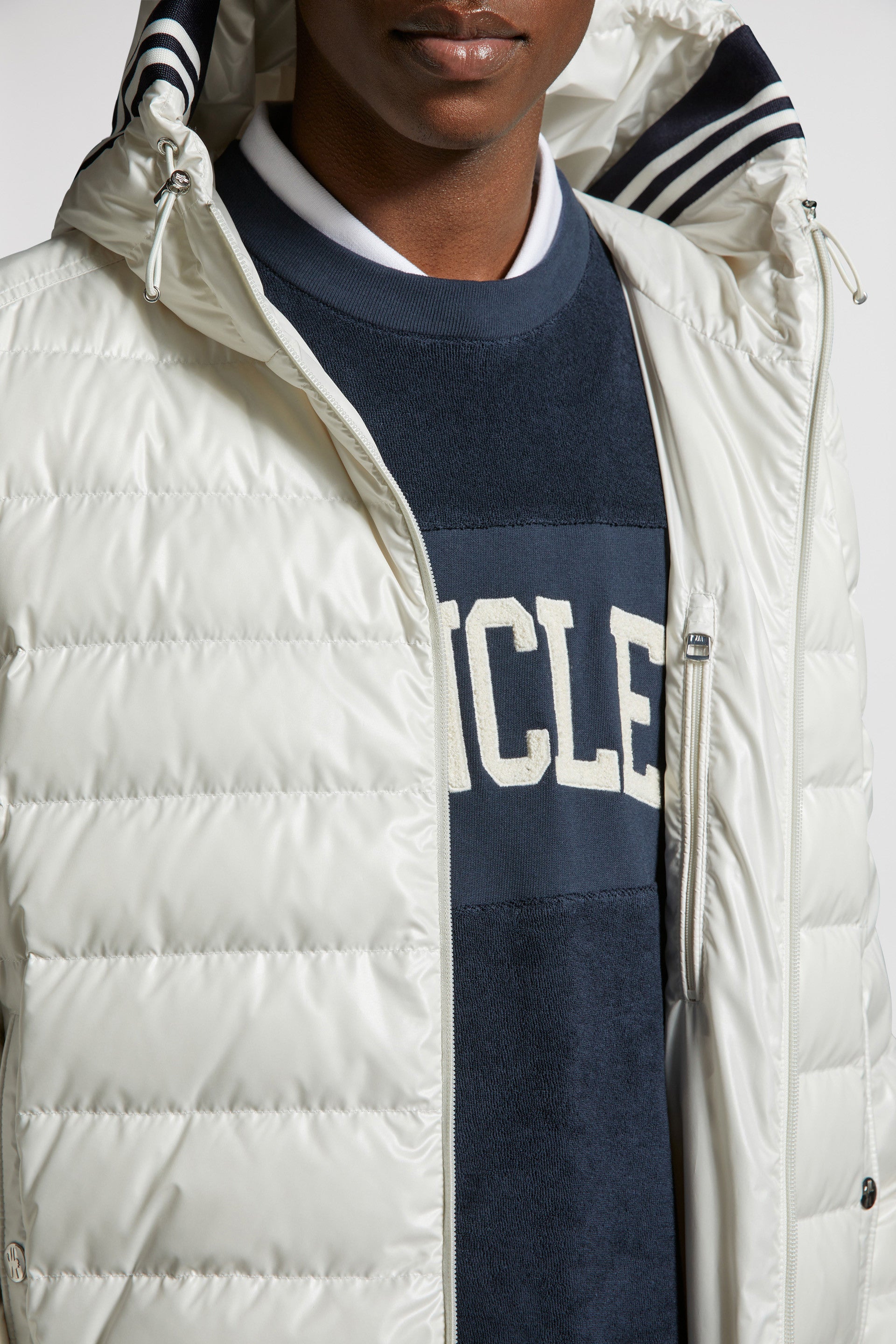 luxury down jacket, white nylon jacket, Moncler outerwear, designer winter jacket, high-end fashion