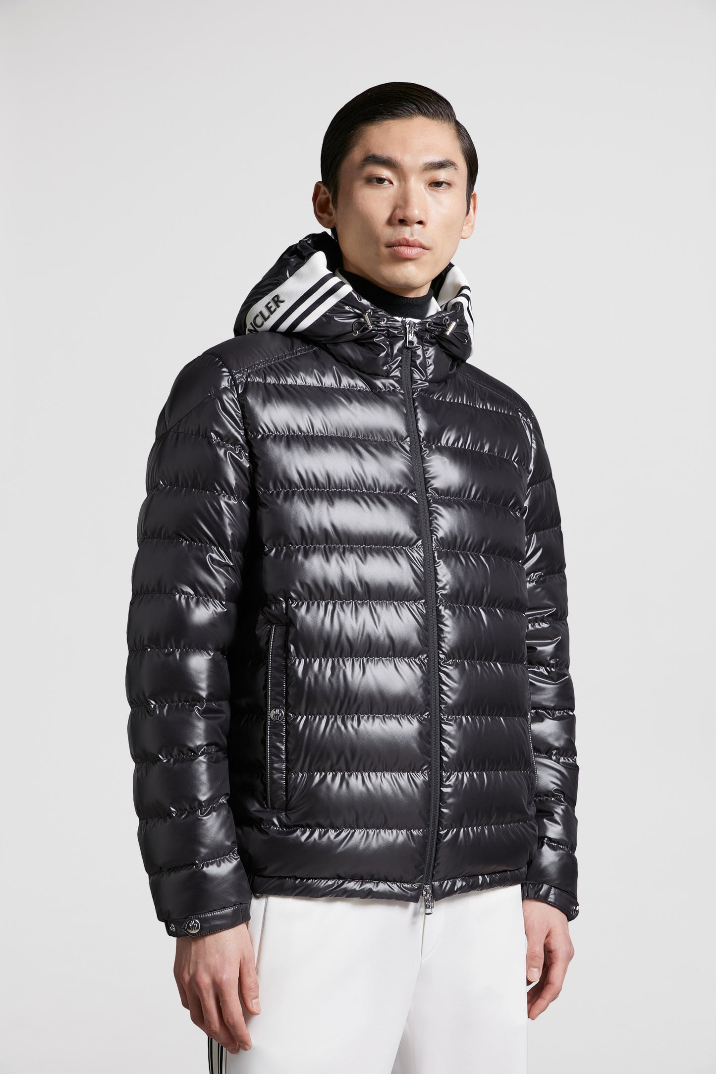 luxury down jacket, black nylon jacket, Moncler Cornour, premium outerwear, sophisticated jacket