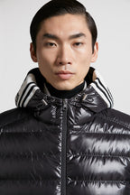 luxury down jacket, black nylon jacket, Moncler Cornour, premium outerwear, sophisticated jacket