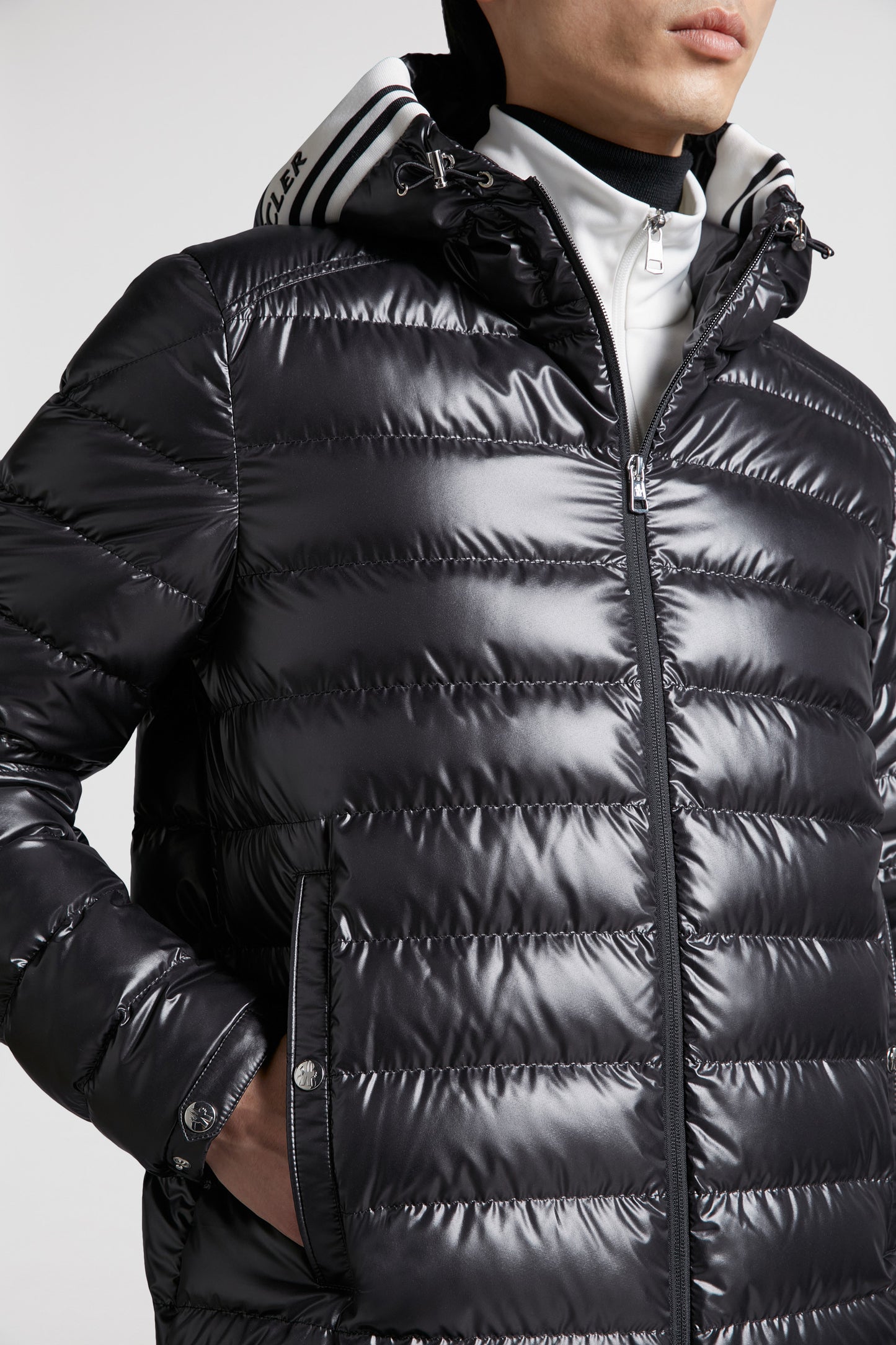 luxury down jacket, black nylon jacket, Moncler Cornour, premium outerwear, sophisticated jacket