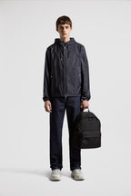 Moncler jacket, blue nylon jacket, luxury outerwear, fashion-forward, high-end jackets