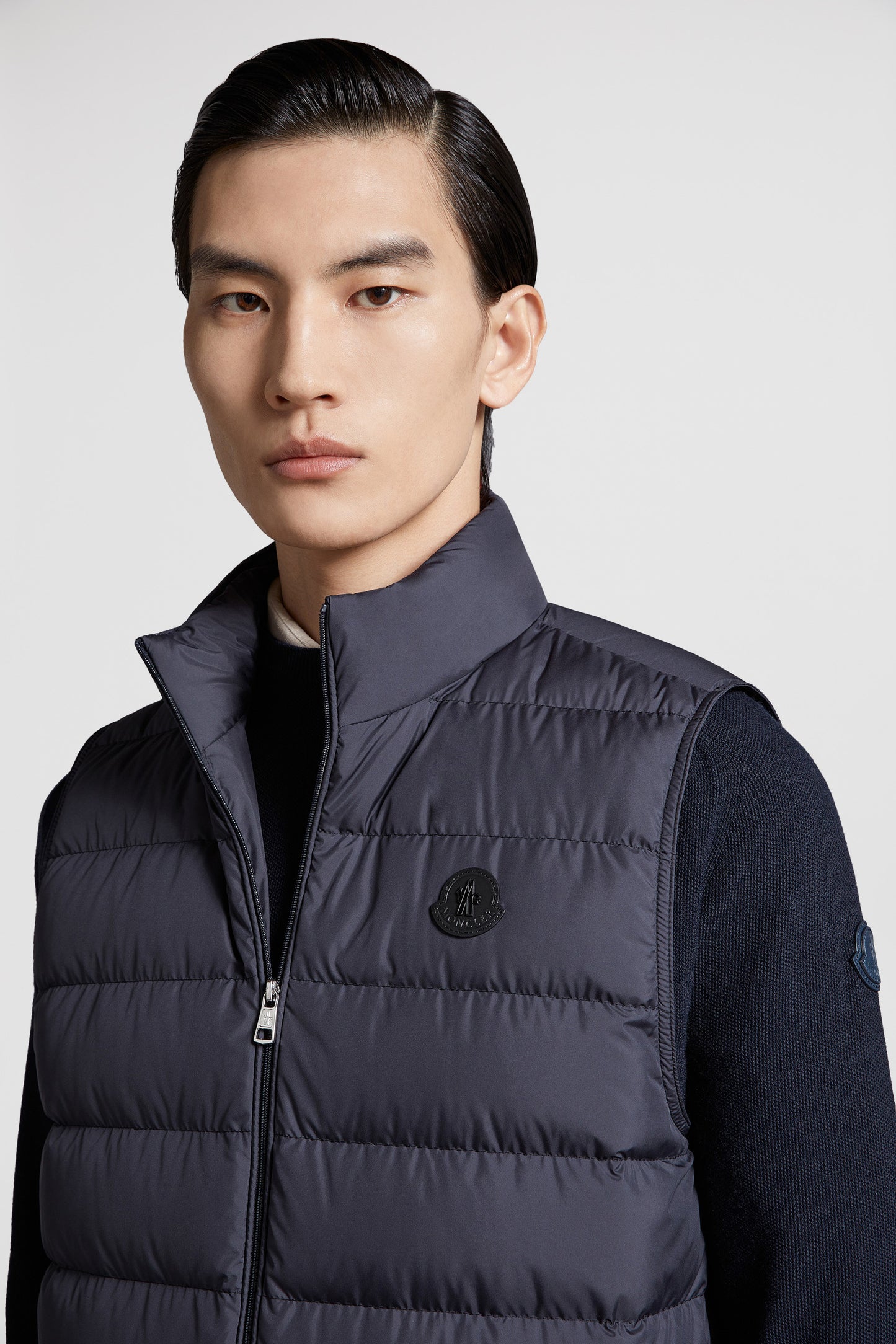 sleeveless blue vest, Moncler down vest, luxury men's outerwear, winter fashion, high-neck down vest