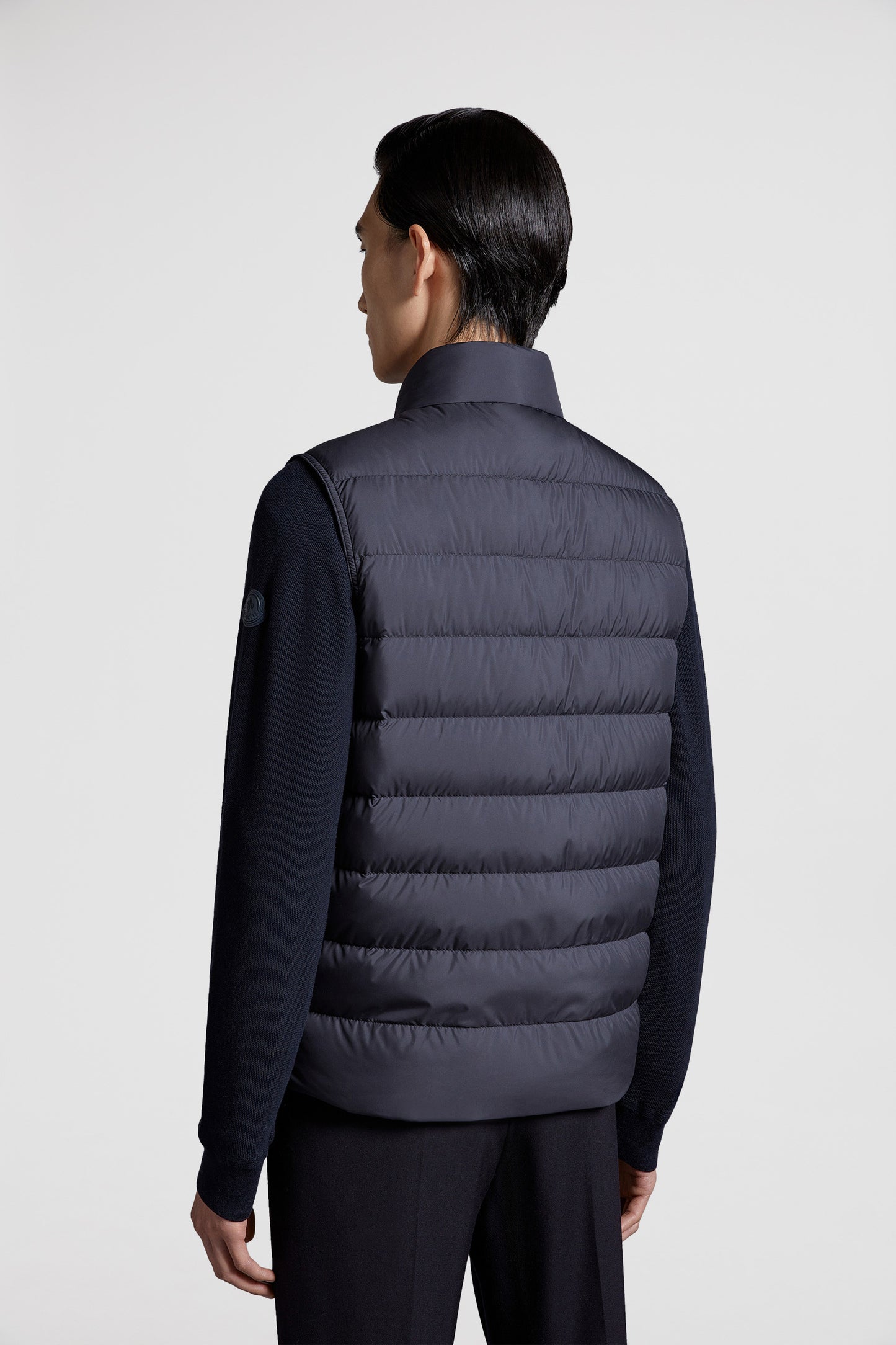 sleeveless blue vest, Moncler down vest, luxury men's outerwear, winter fashion, high-neck down vest