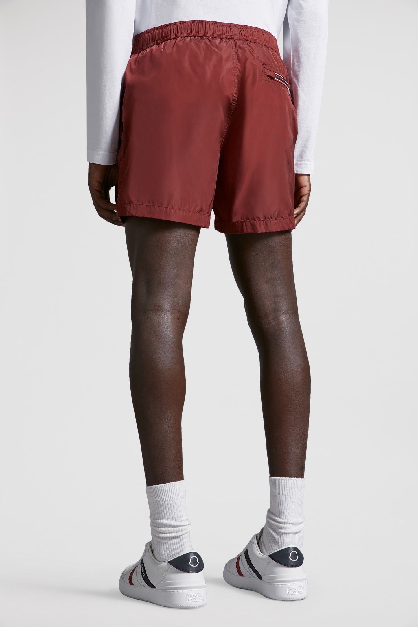 moncler swim shorts, burgundy logo shorts, luxury swimwear, premium swim shorts, high-end beachwear