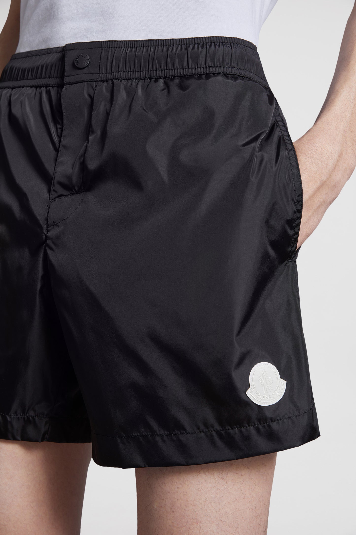 swim shorts, luxury swimwear, black swim shorts, Moncler swimwear, designer swimwear