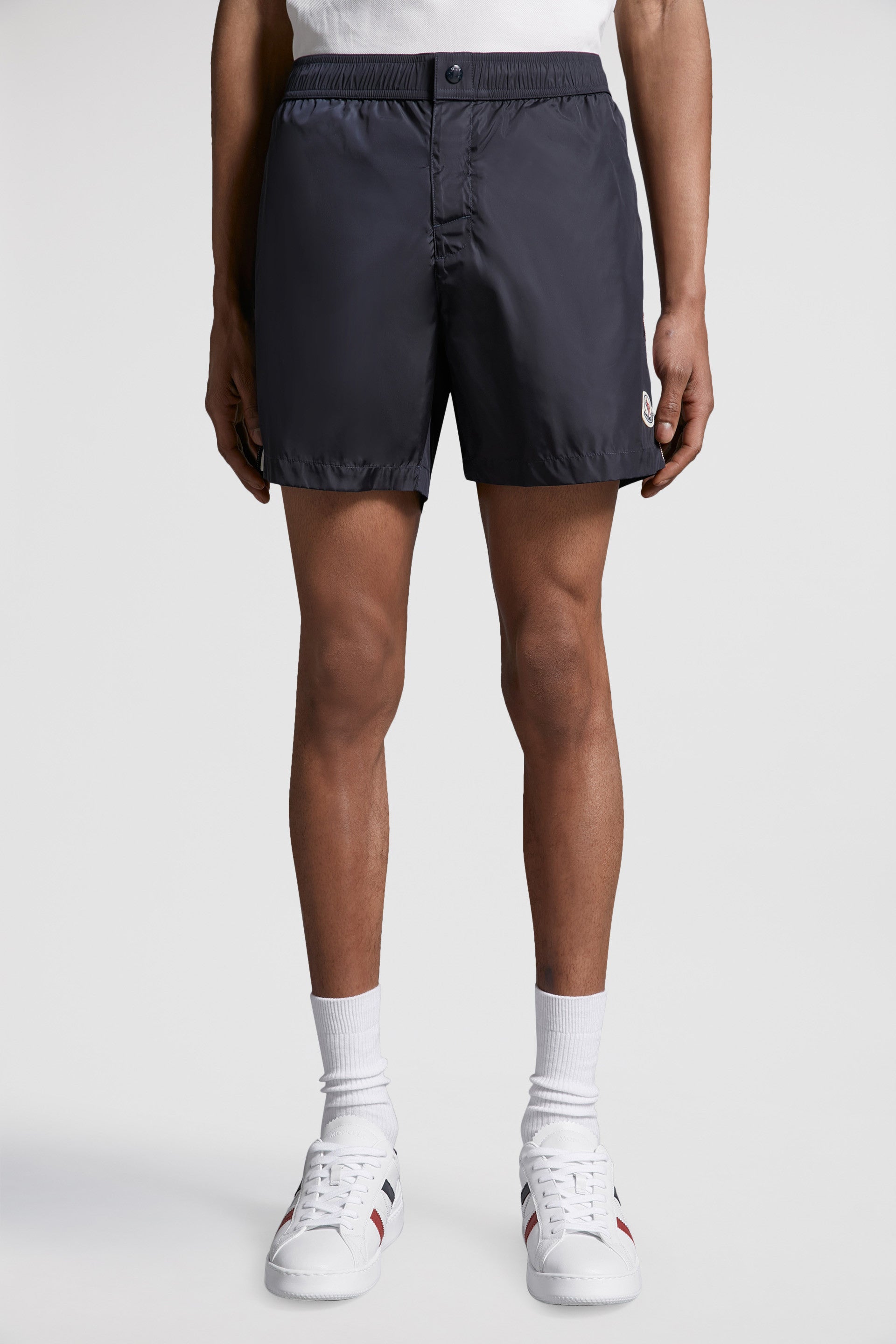 navy swim shorts, tricolor piping, luxury beachwear, men's swim shorts, Moncler shorts