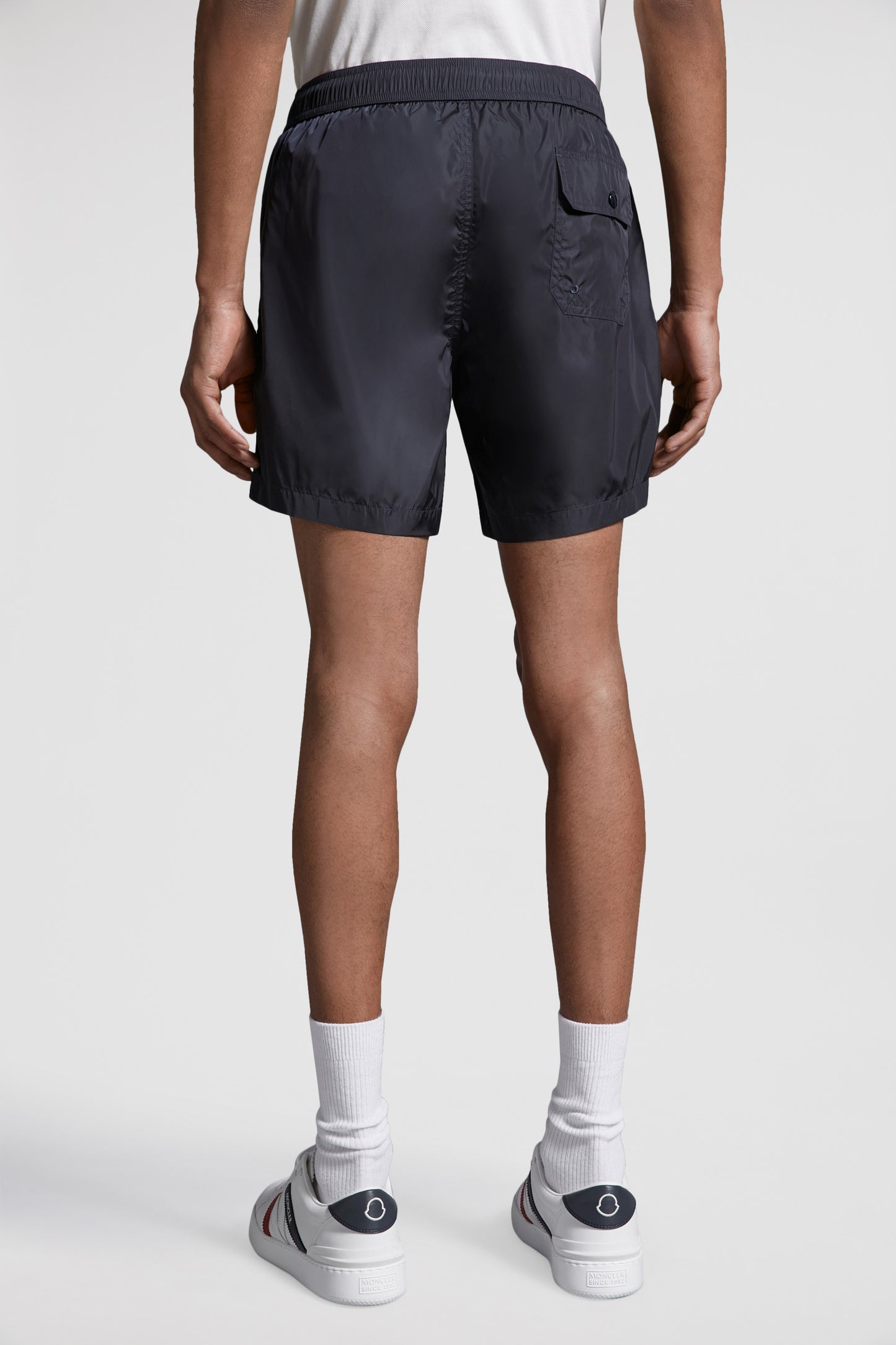 navy swim shorts, tricolor piping, luxury beachwear, men's swim shorts, Moncler shorts